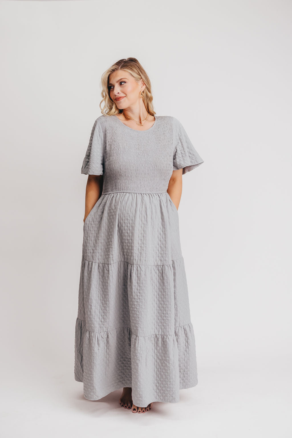 Coda Smocked Tiered Maxi Dress in Blue Grey - Bump Friendly and Inclusive Sizing