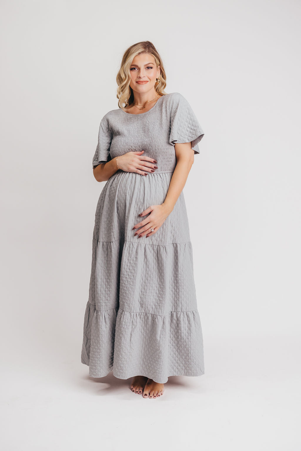 Coda Smocked Tiered Maxi Dress in Blue Grey - Bump Friendly and Inclusive Sizing