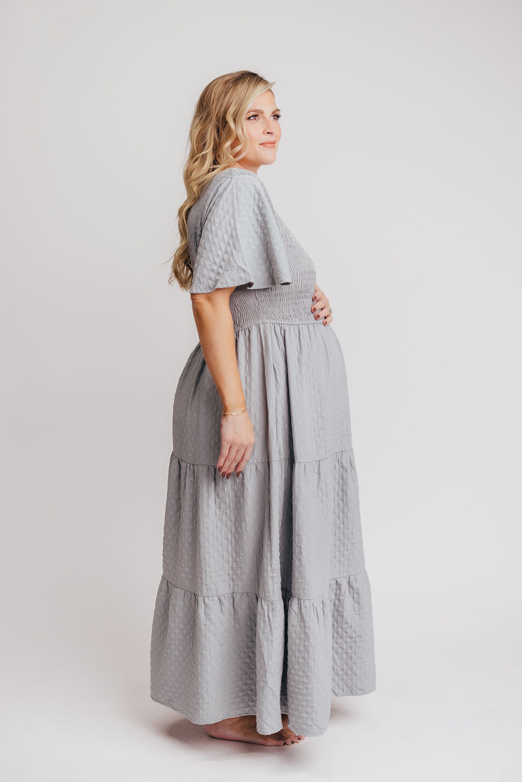 Coda Smocked Tiered Maxi Dress in Blue Grey - Bump Friendly and Inclusive Sizing