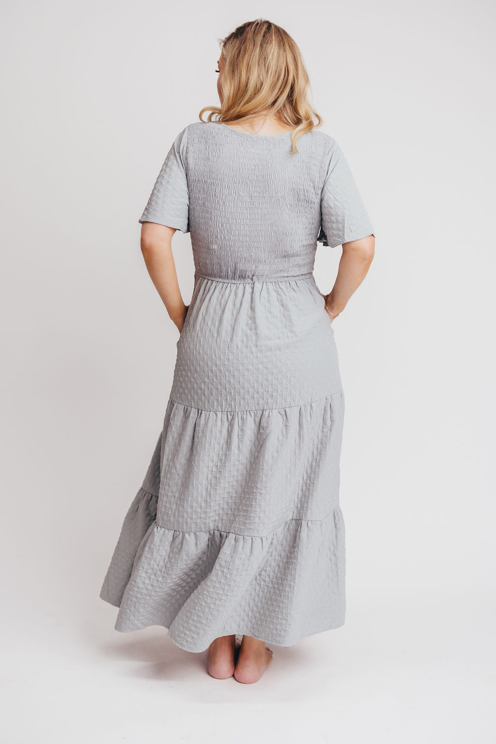 Coda Smocked Tiered Maxi Dress in Blue Grey - Bump Friendly and Inclusive Sizing