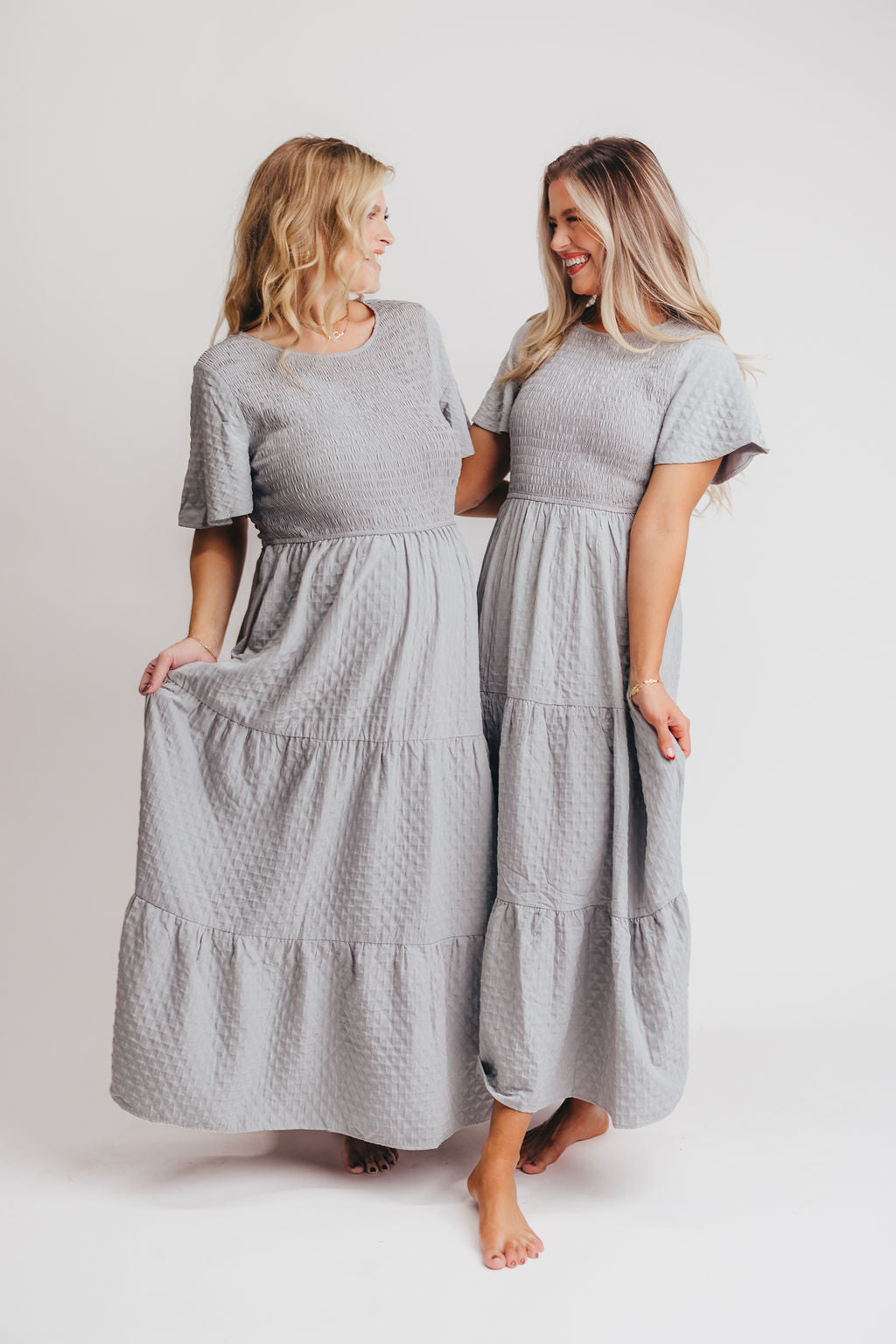 Coda Smocked Tiered Maxi Dress in Blue Grey - Bump Friendly and Inclusive Sizing
