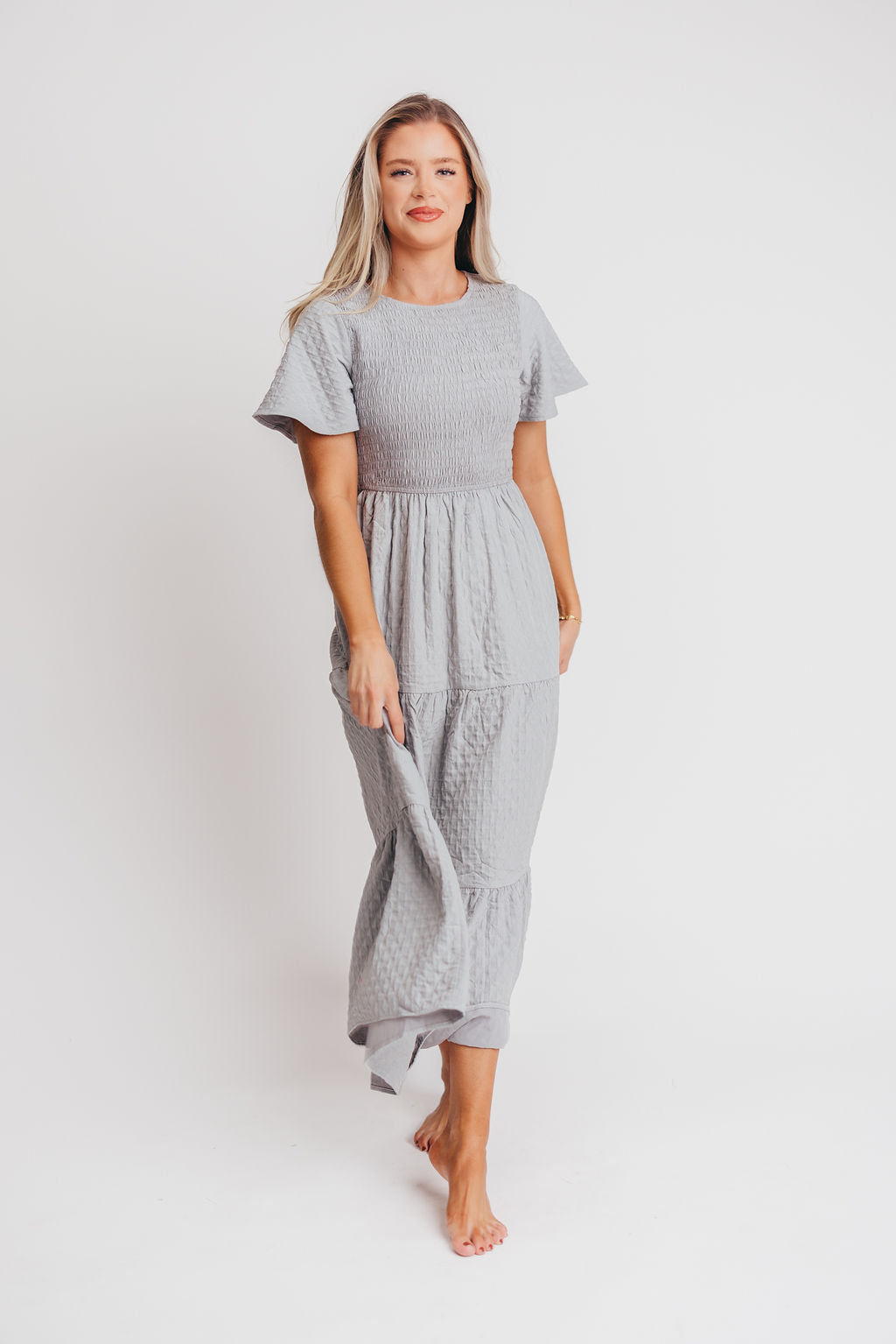 Coda Smocked Tiered Maxi Dress in Blue Grey - Bump Friendly and Inclusive Sizing