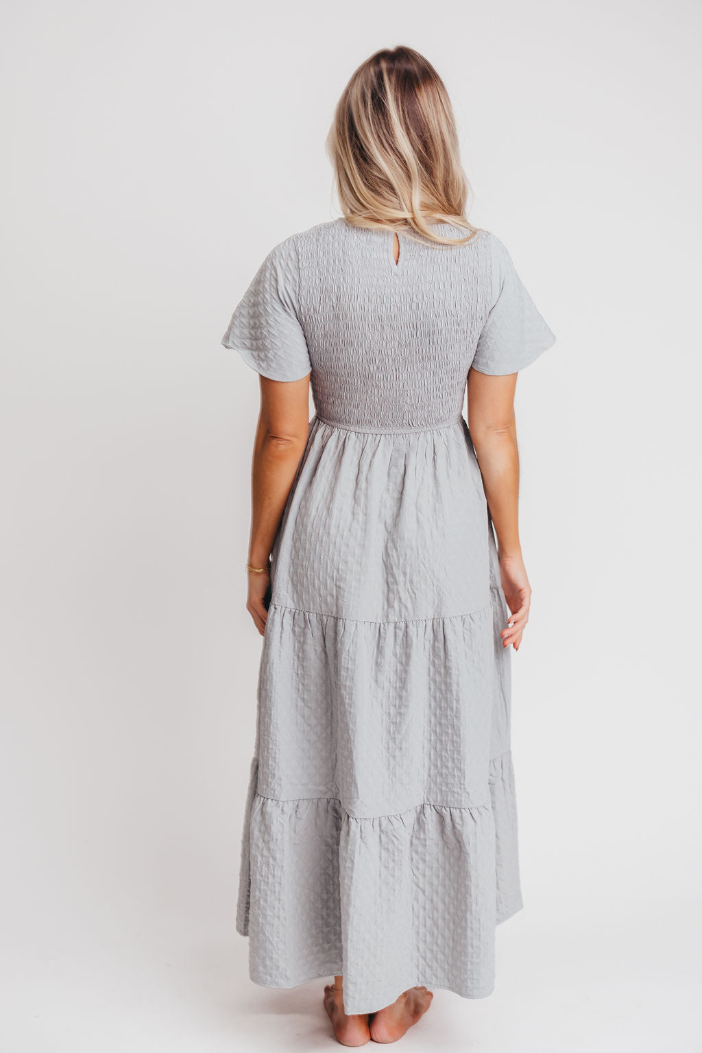 Coda Smocked Tiered Maxi Dress in Blue Grey - Bump Friendly and Inclusive Sizing