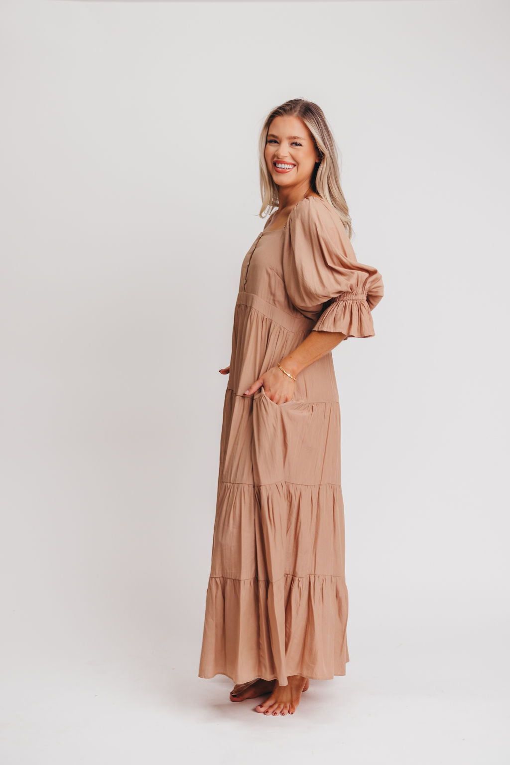 Enya Button Front Maxi Dress in Clay - Maternity and Nursing Friendly