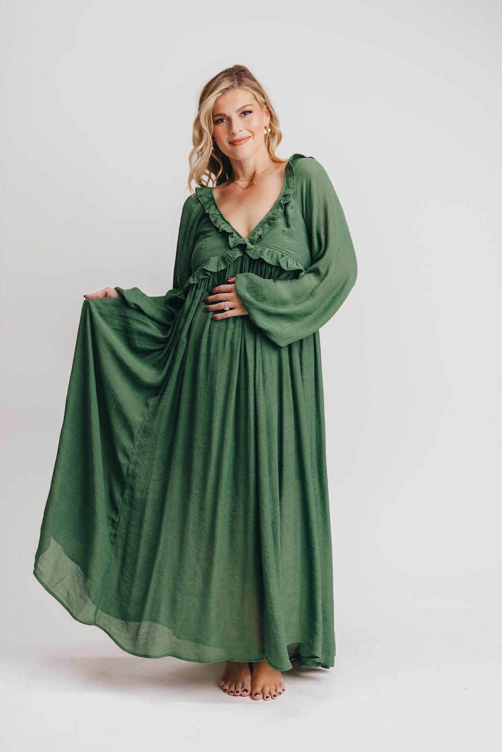 Let It Be Ruffled Maxi Dress with Plunging Neckline in Evergreen - Bump Friendly Low Stock (Cannot Restock)