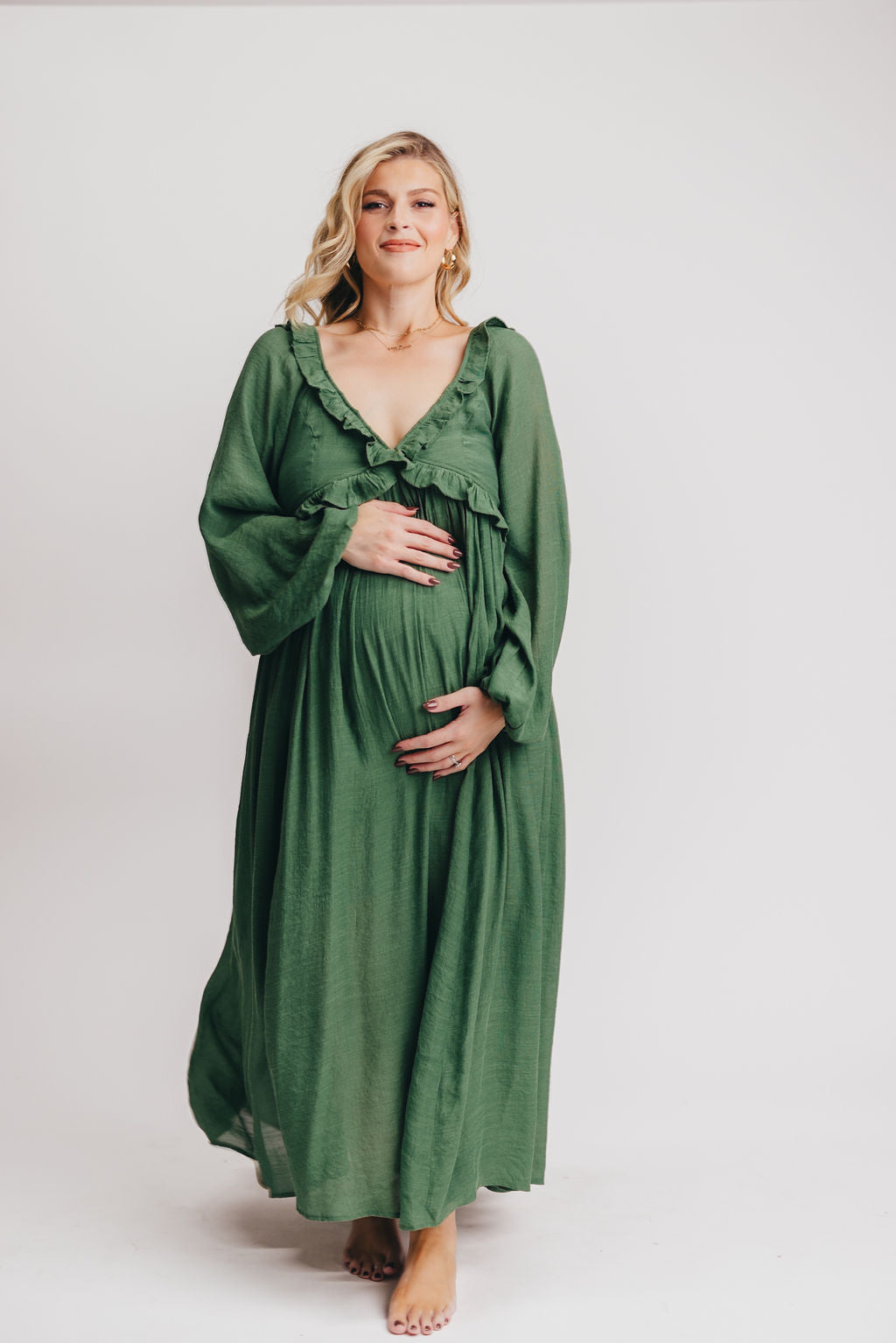 Let It Be Ruffled Maxi Dress with Plunging Neckline in Evergreen - Bump Friendly Low Stock (Cannot Restock)