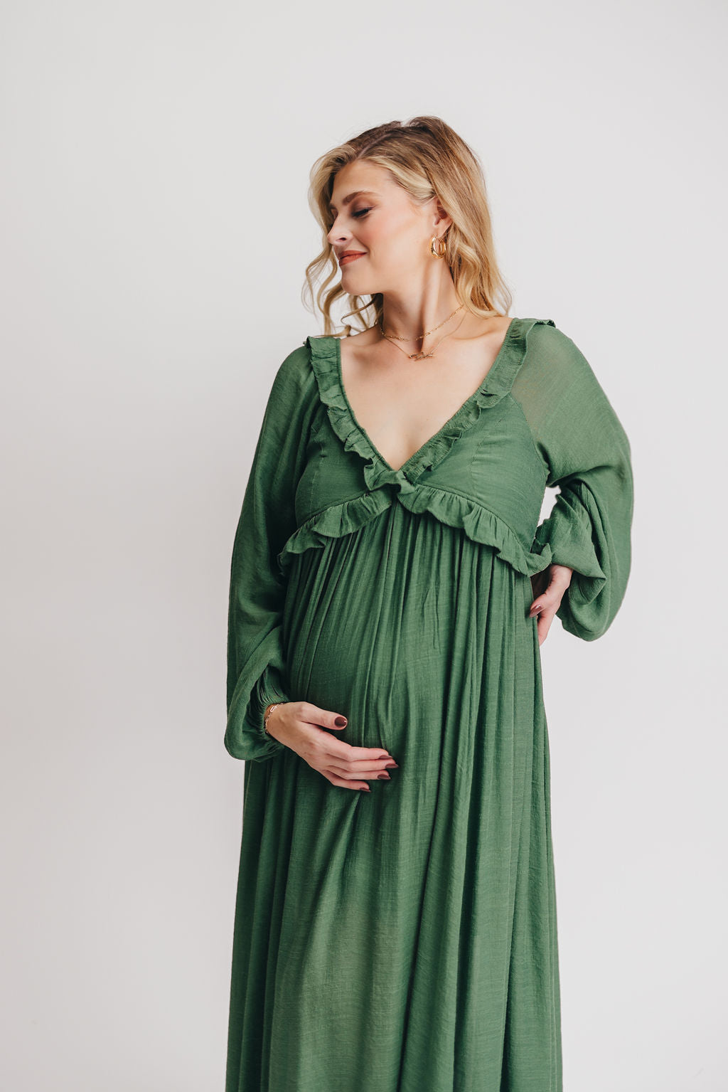 Let It Be Ruffled Maxi Dress with Plunging Neckline in Evergreen - Bump Friendly Low Stock (Cannot Restock)