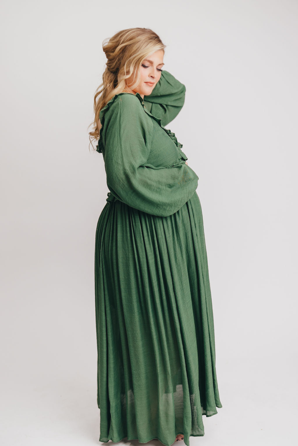 Let It Be Ruffled Maxi Dress with Plunging Neckline in Evergreen - Bump Friendly Low Stock (Cannot Restock)