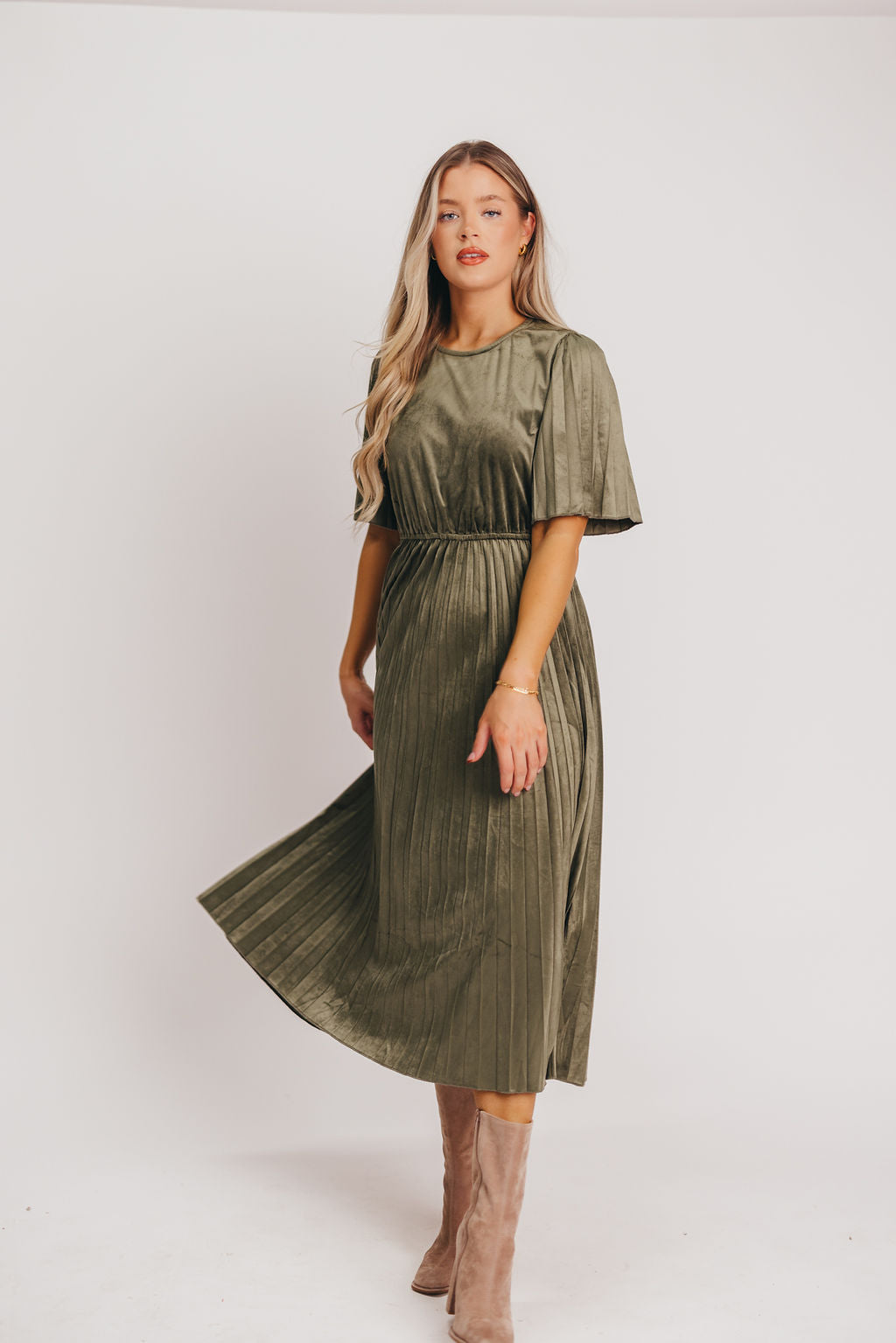 Tate Round-Neck Pleated Velvet Midi Dress - Bump Friendly