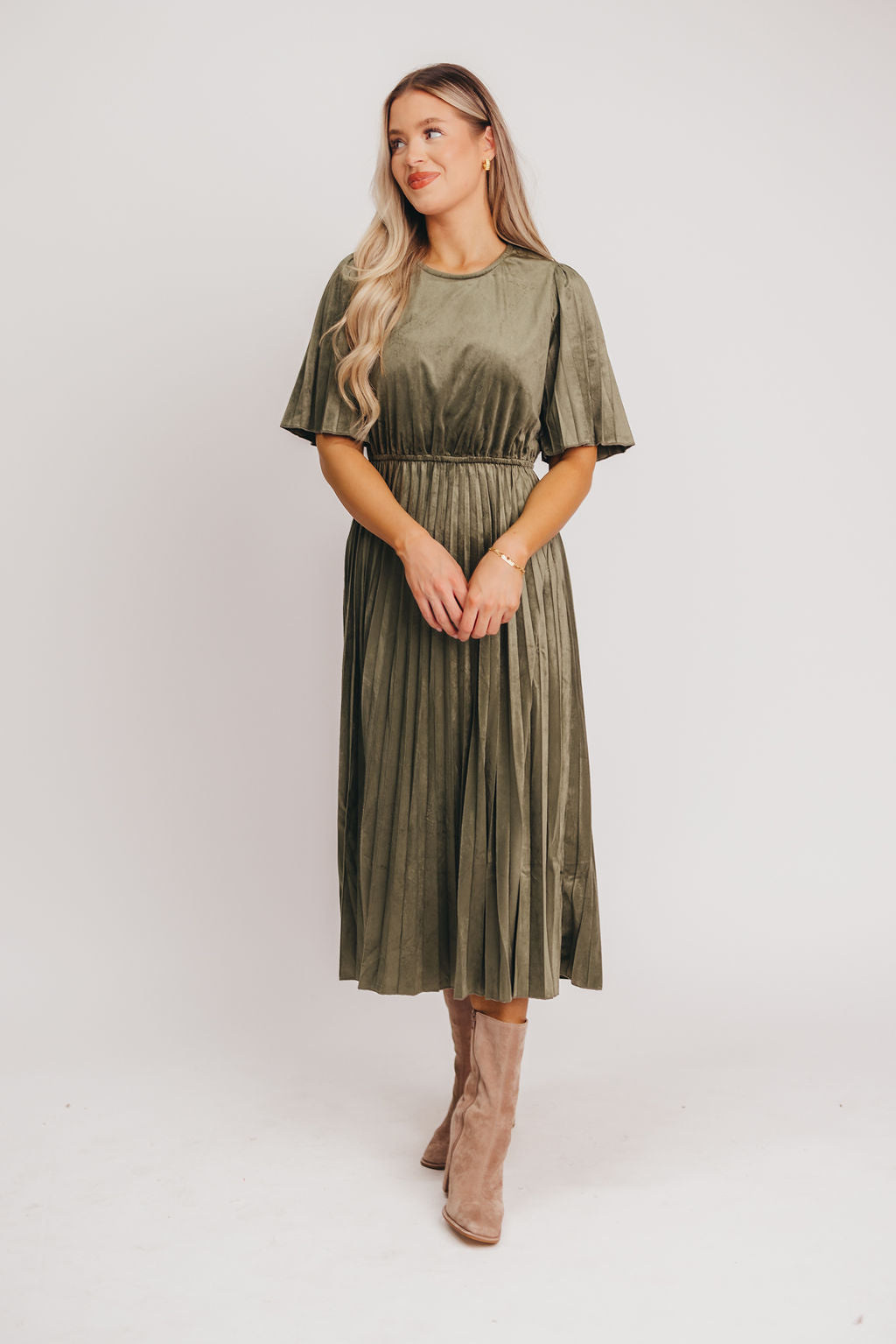 Tate Round-Neck Pleated Velvet Midi Dress - Bump Friendly