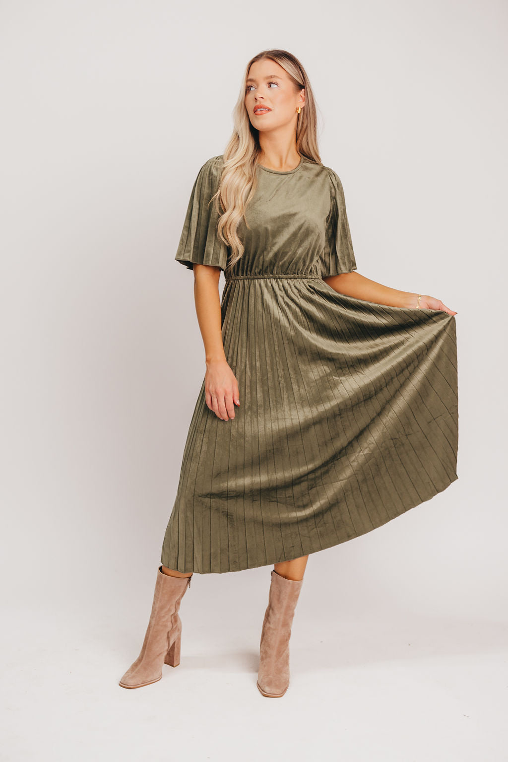 Tate Round-Neck Pleated Velvet Midi Dress - Bump Friendly