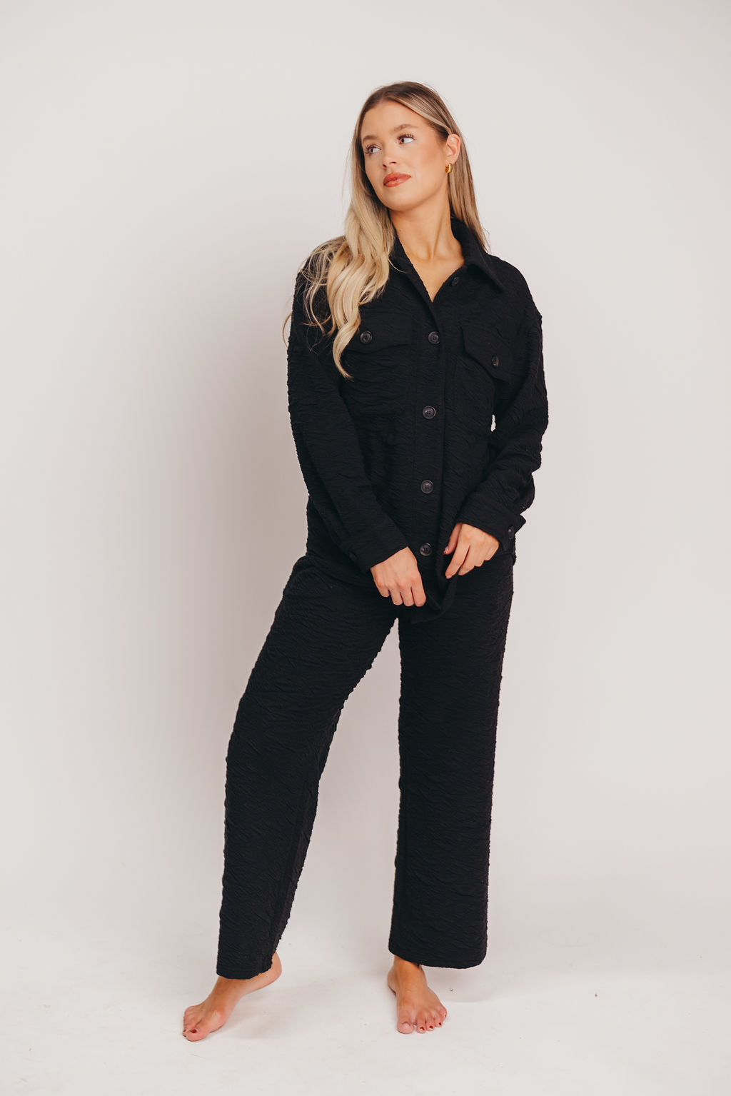 Gavin Textured Knit Pants with Self-Tie Drawstring in Black
