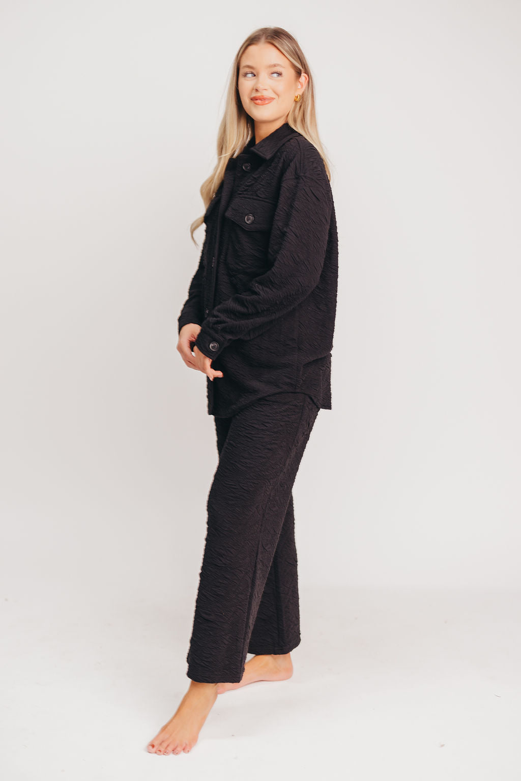 Gavin Textured Knit Pants with Self-Tie Drawstring in Black