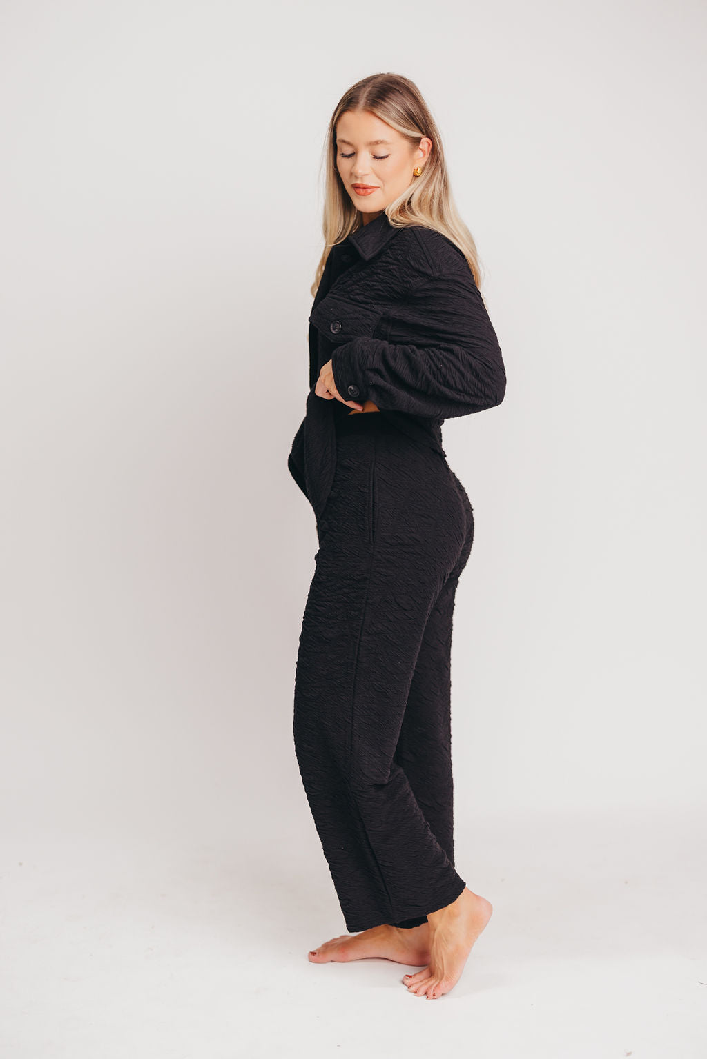 Gavin Textured Knit Pants with Self-Tie Drawstring in Black
