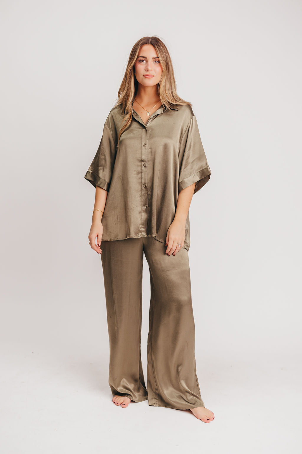 Nico Satin Button Up Blouse in Olive *LUXURY ITEM*