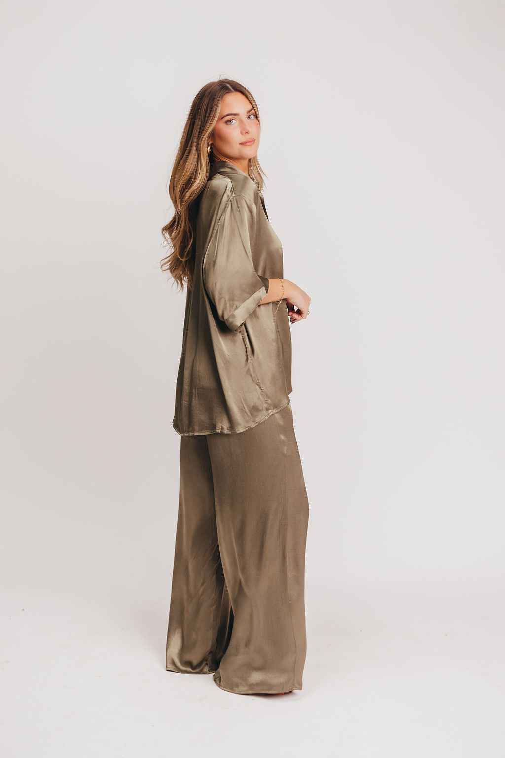 Nico Satin Button Up Blouse in Olive *LUXURY ITEM*