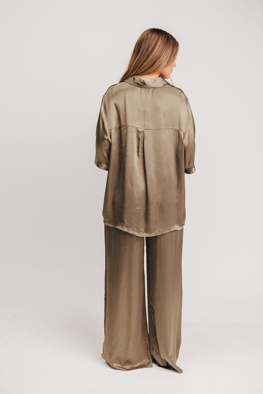 Nico Satin Button Up Blouse in Olive *LUXURY ITEM*