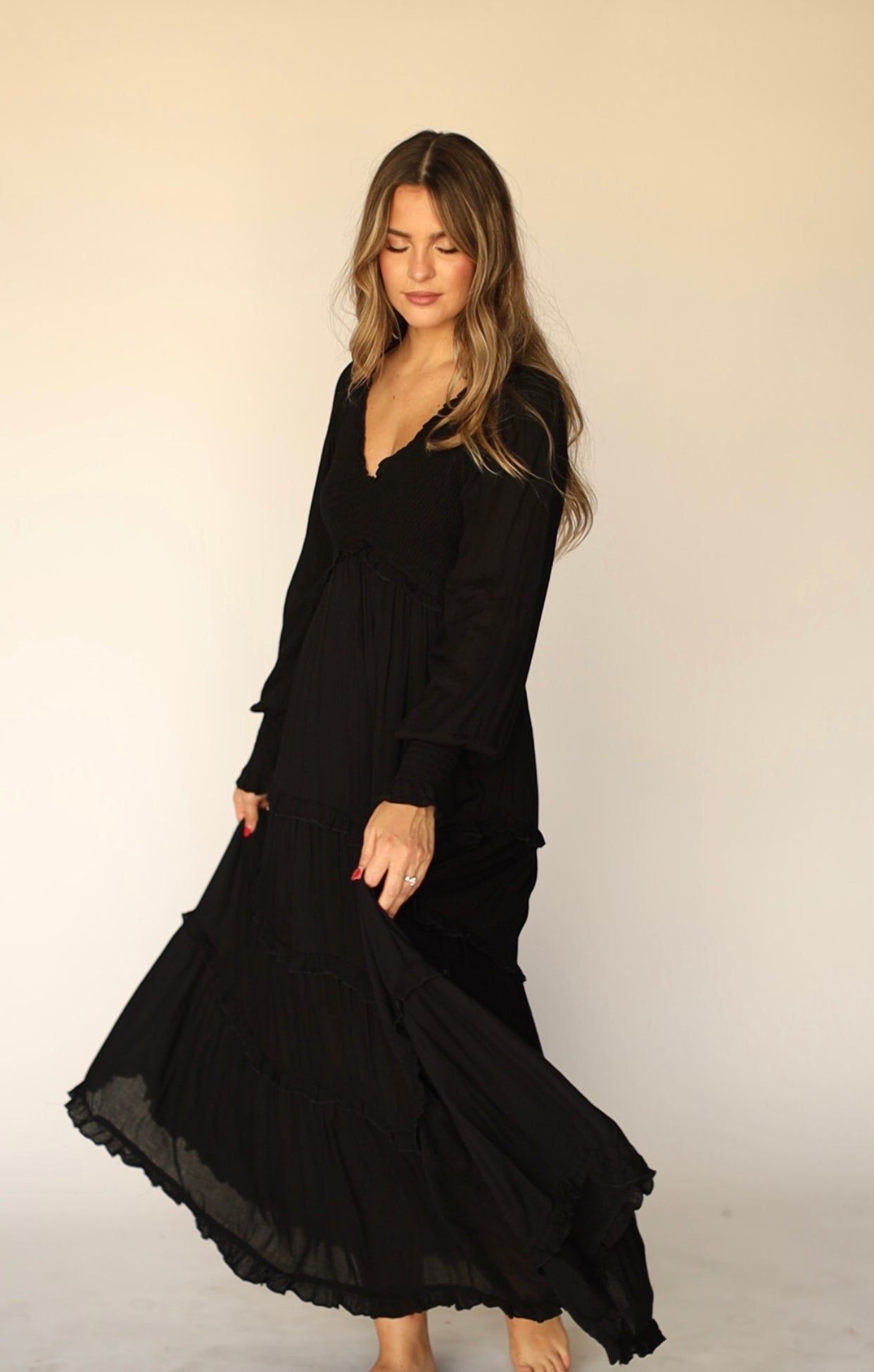 Pippa Long-Sleeved Smocked Maxi Dress in Black - Bump Friendly