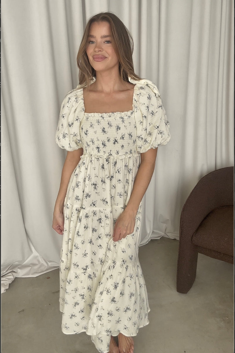 knee length dresses for ladies Listicle Women's Flower Fields Tiered Floral Midi Dress in White main image 0
