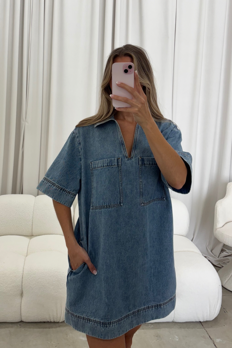 Connie V-Neck Tunic Dress in Denim – Worth Collective