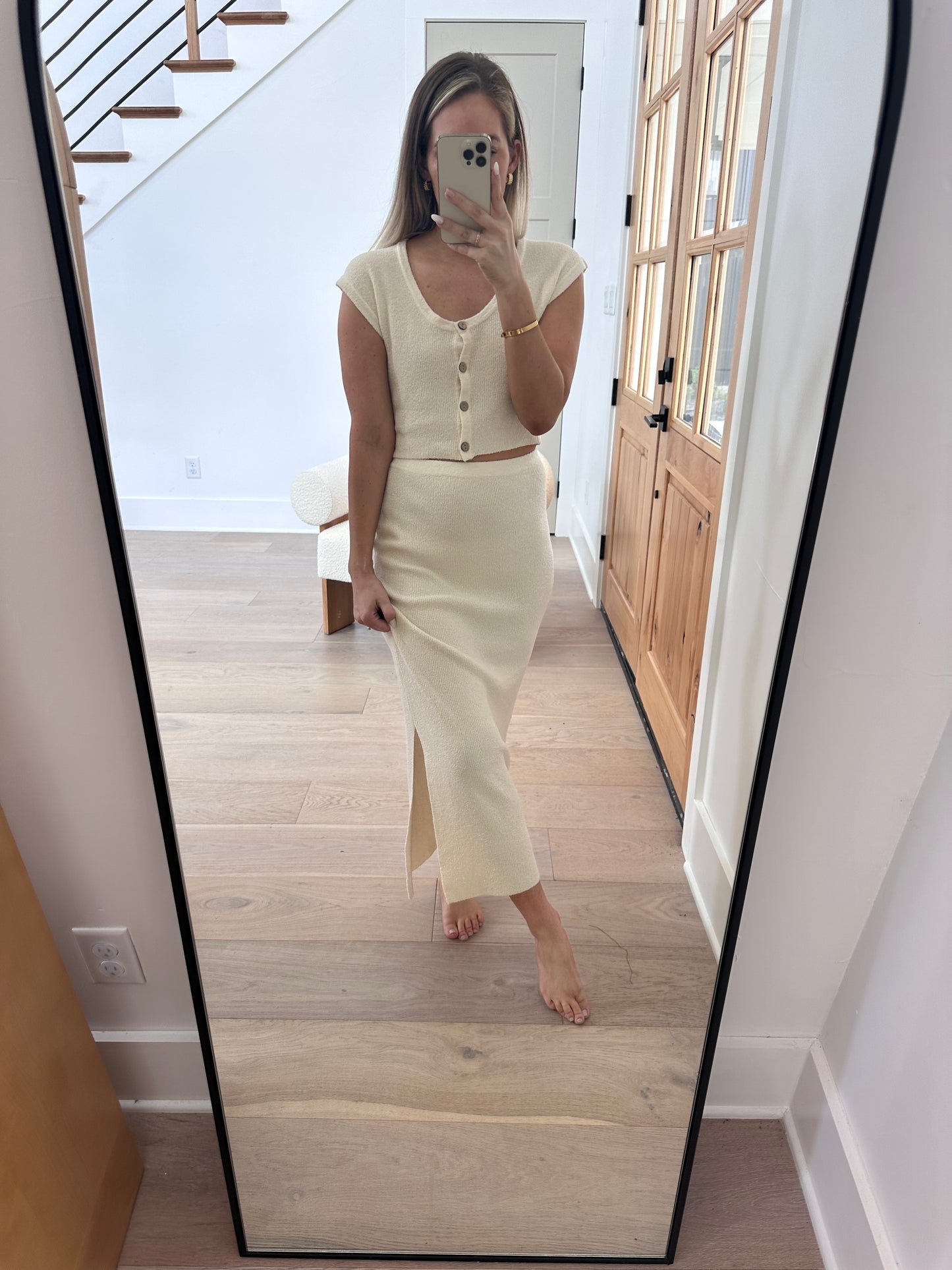 Mila Textured Button Top and Skirt Set - Bump Friendly