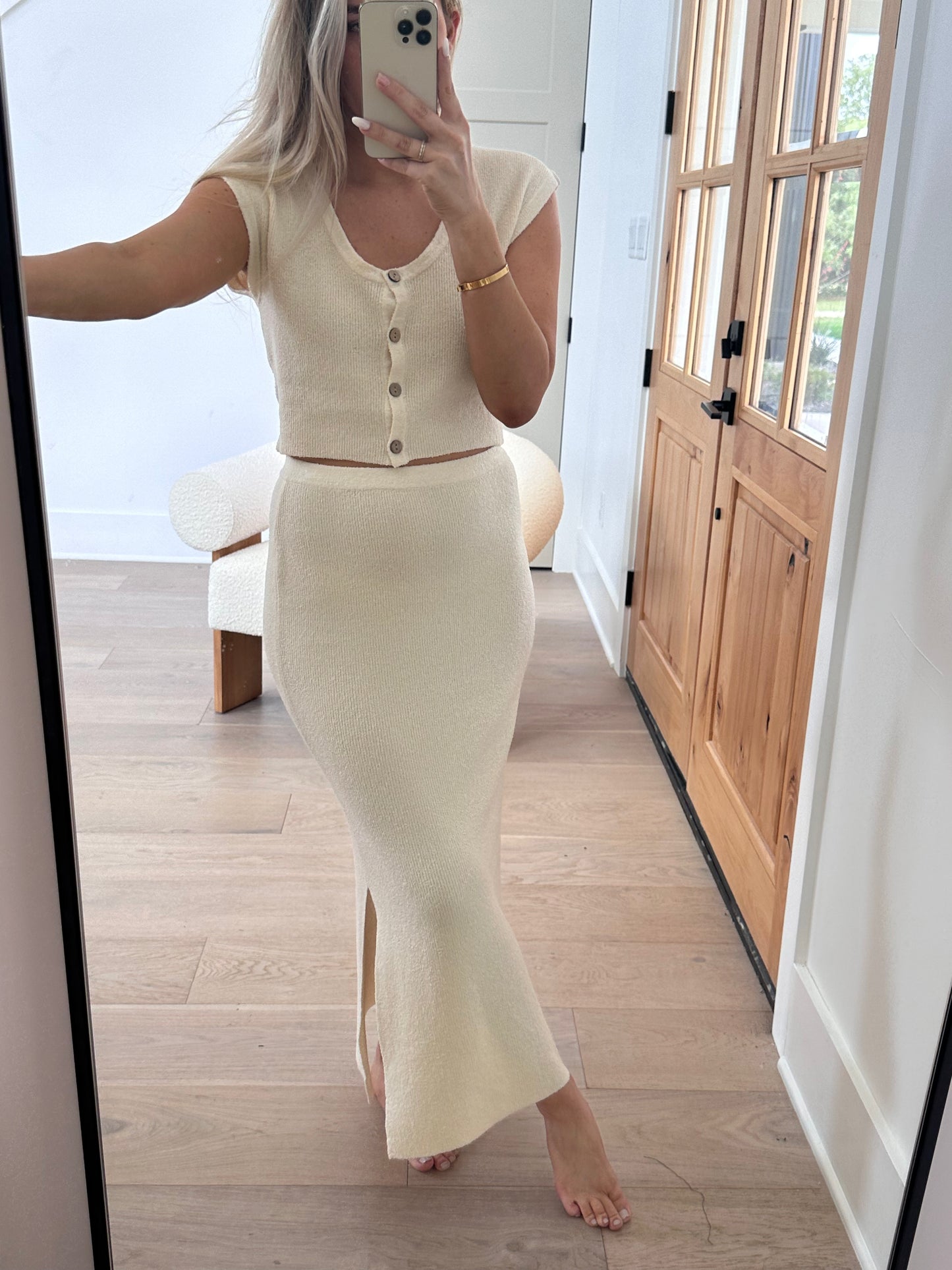 Mila Textured Button Top and Skirt Set - Bump Friendly