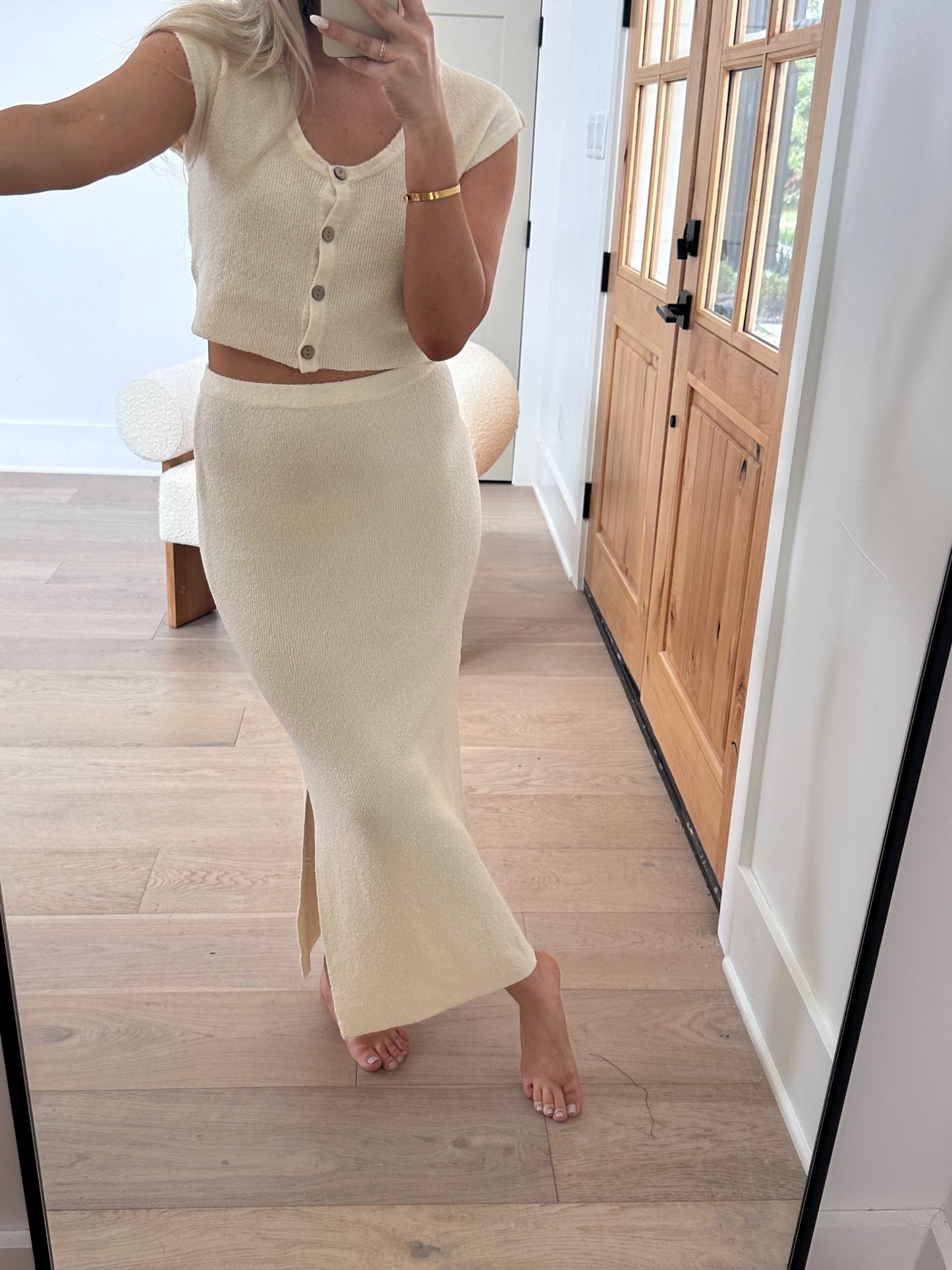 Mila Textured Button Top and Skirt Set - Bump Friendly