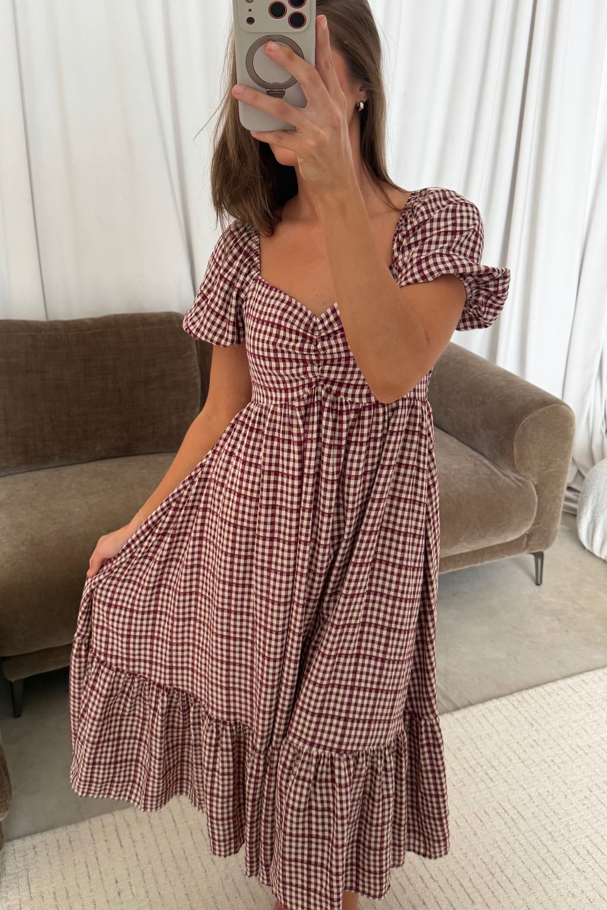 Maple Field Gingham Babydoll Midi Dress in Burgundy, side view