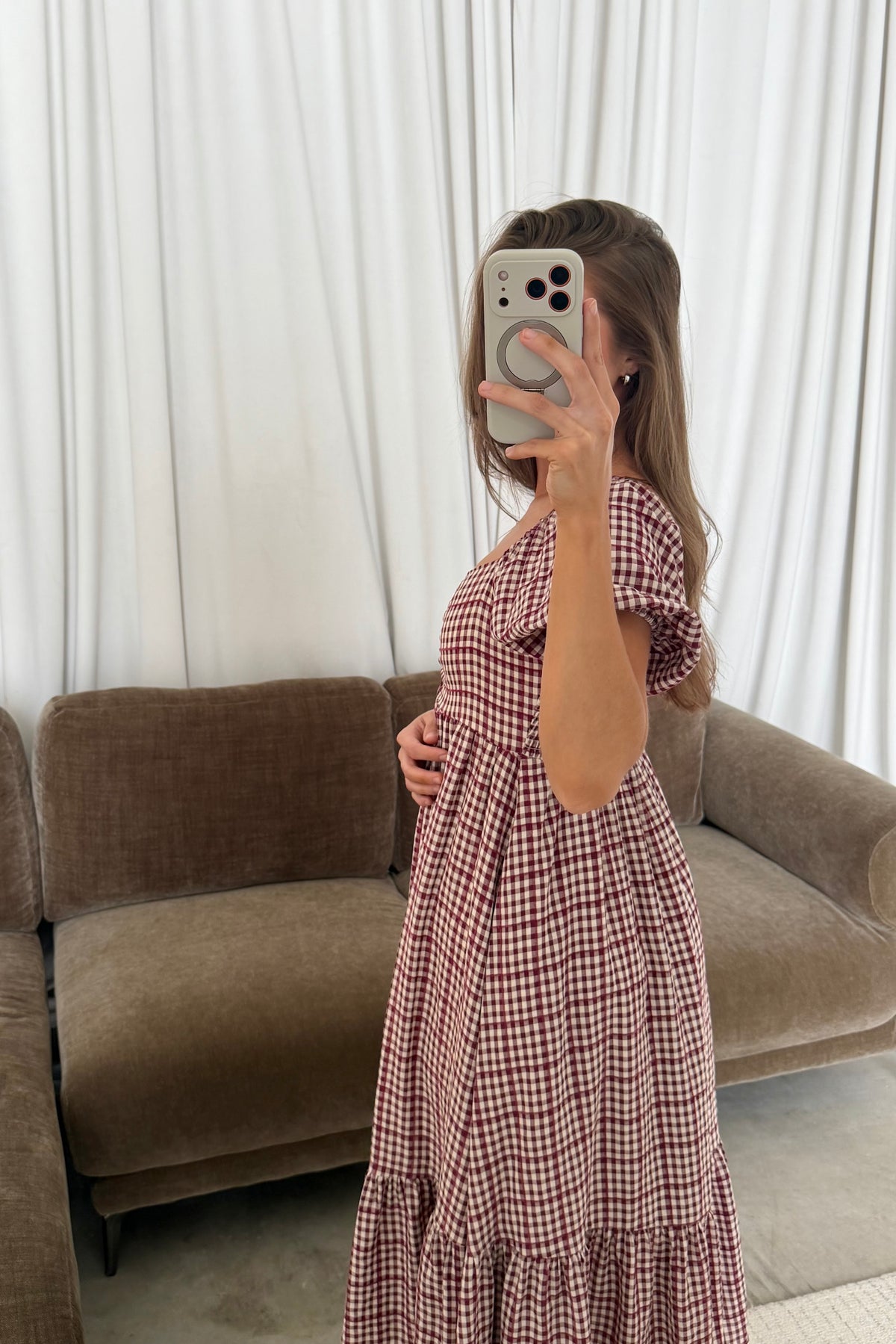Maple Field Gingham Babydoll Midi Dress in Burgundy, studio view