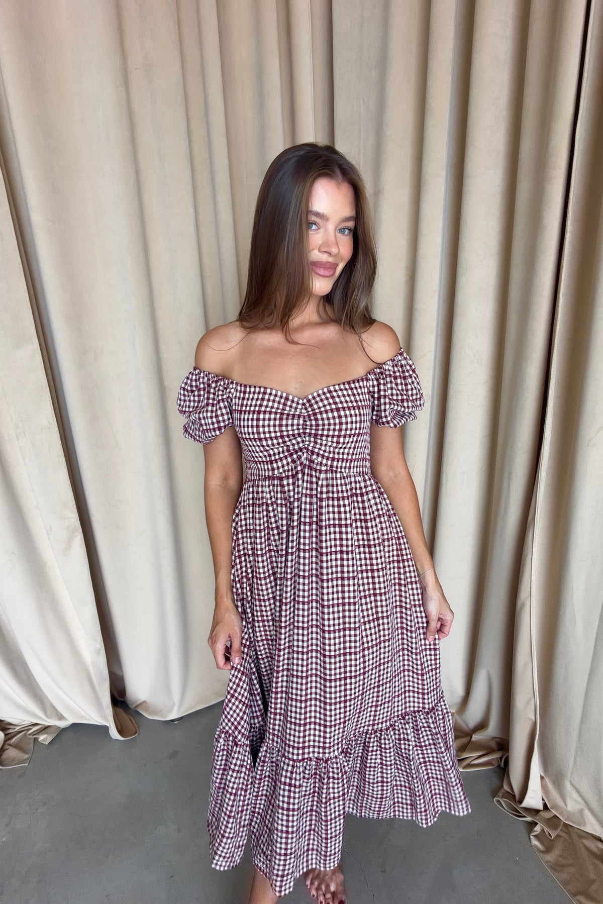 Maple Field Gingham Babydoll Midi Dress in Burgundy, another angle