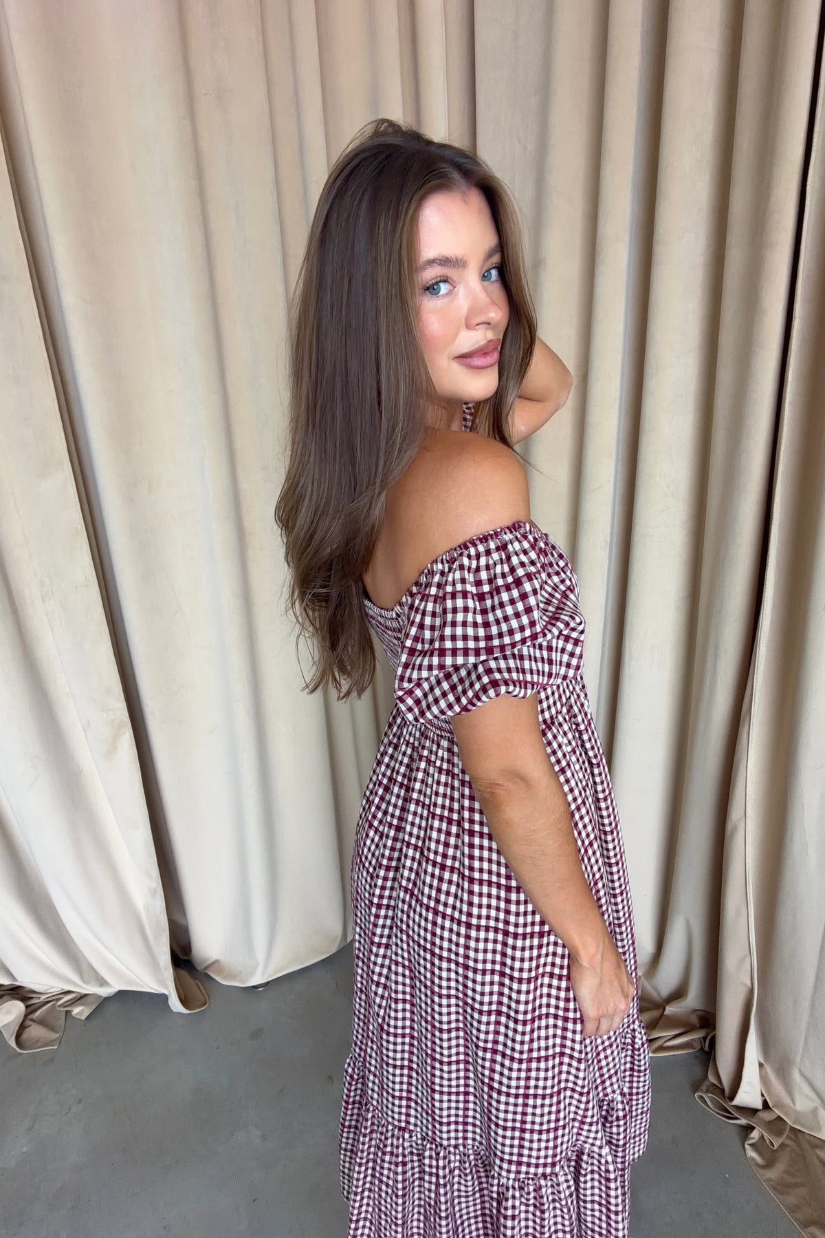 Maple Field Gingham Babydoll Midi Dress in Burgundy, side view