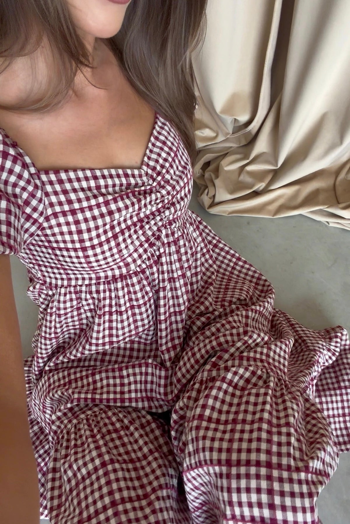 Maple Field Gingham Babydoll Midi Dress in Burgundy, full length