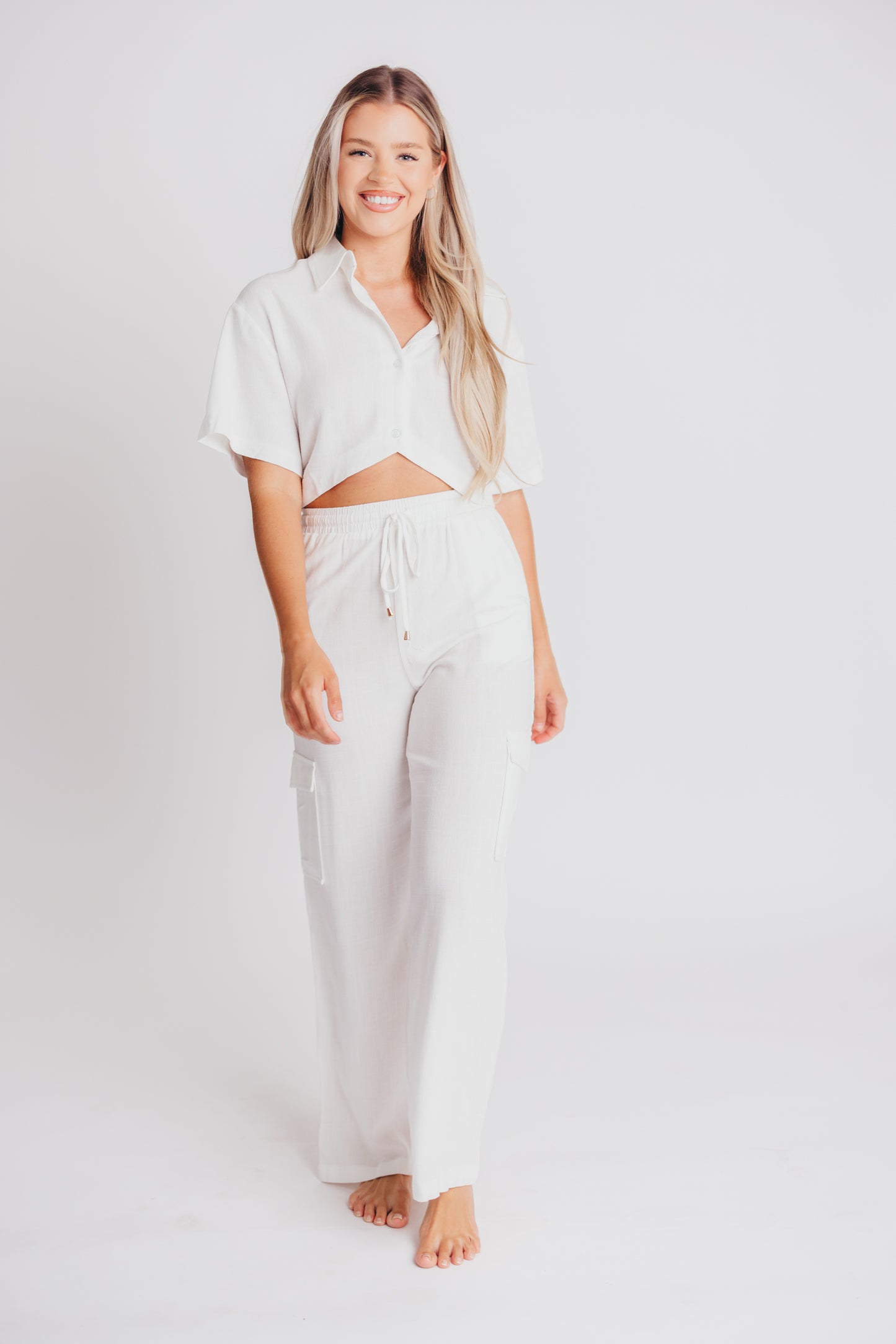 Flynn Linen Blend Wide Leg Cargo Pant in Off-White