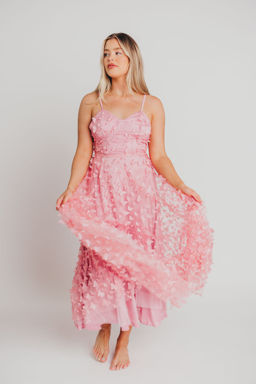 Reagan Butterfly Bustier Midi Dress in Pink - Bump Friendly