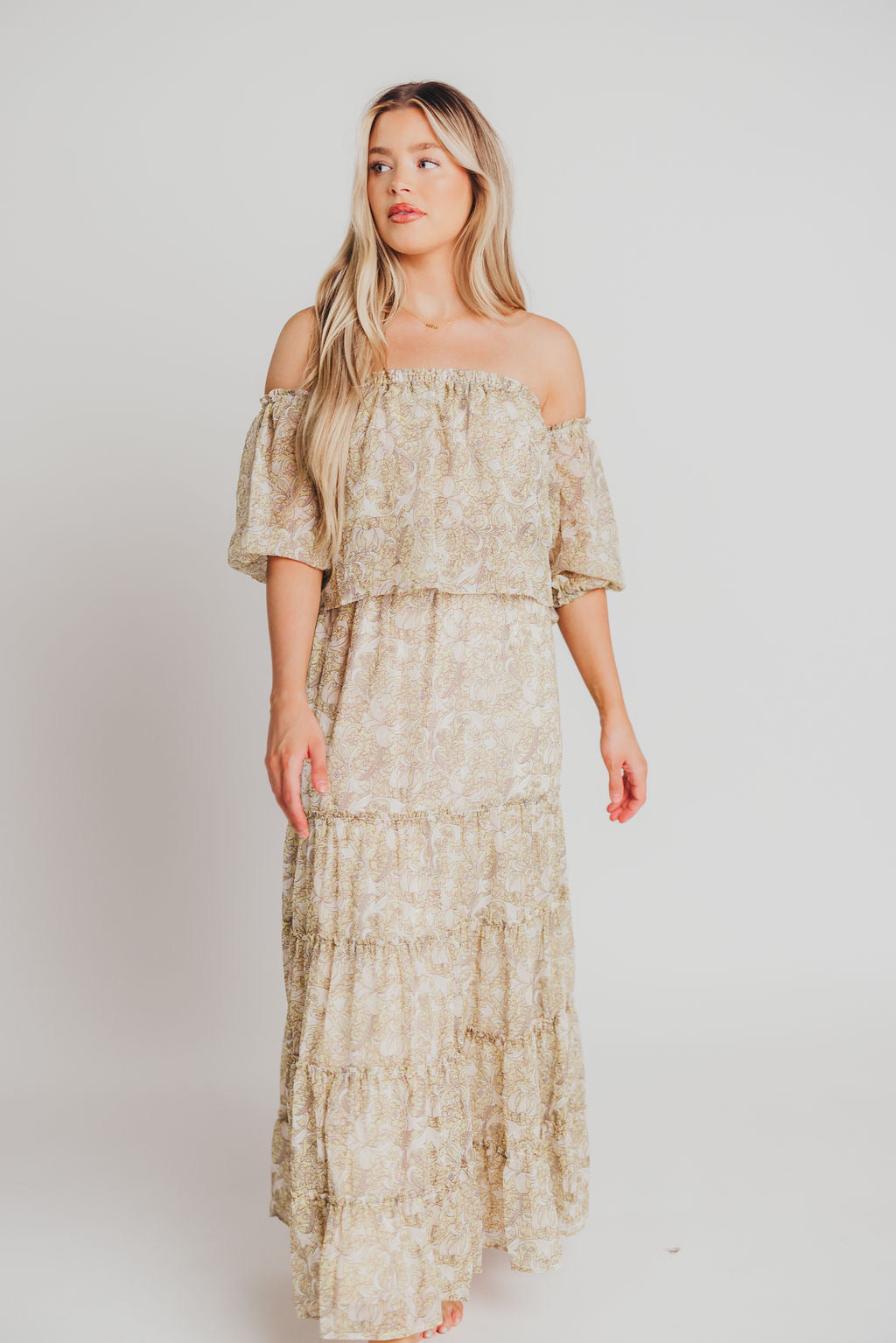 Vilde Off-the-Shoulder Maxi Dress in Lemon/Off White - Bump Friendly
