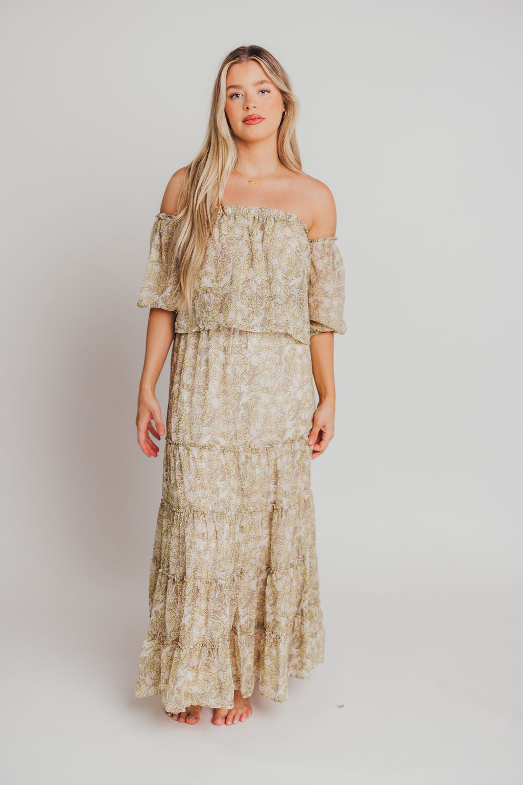 Vilde Off-the-Shoulder Maxi Dress in Lemon/Off White - Bump Friendly