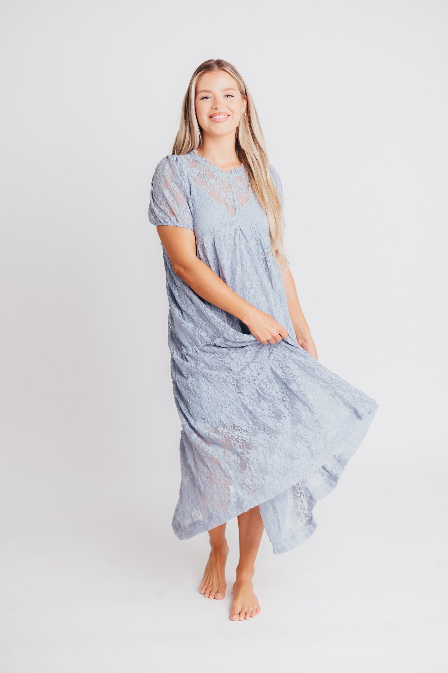 Sawyer Lace Midi Dress in Dusty Blue - Bump Friendly