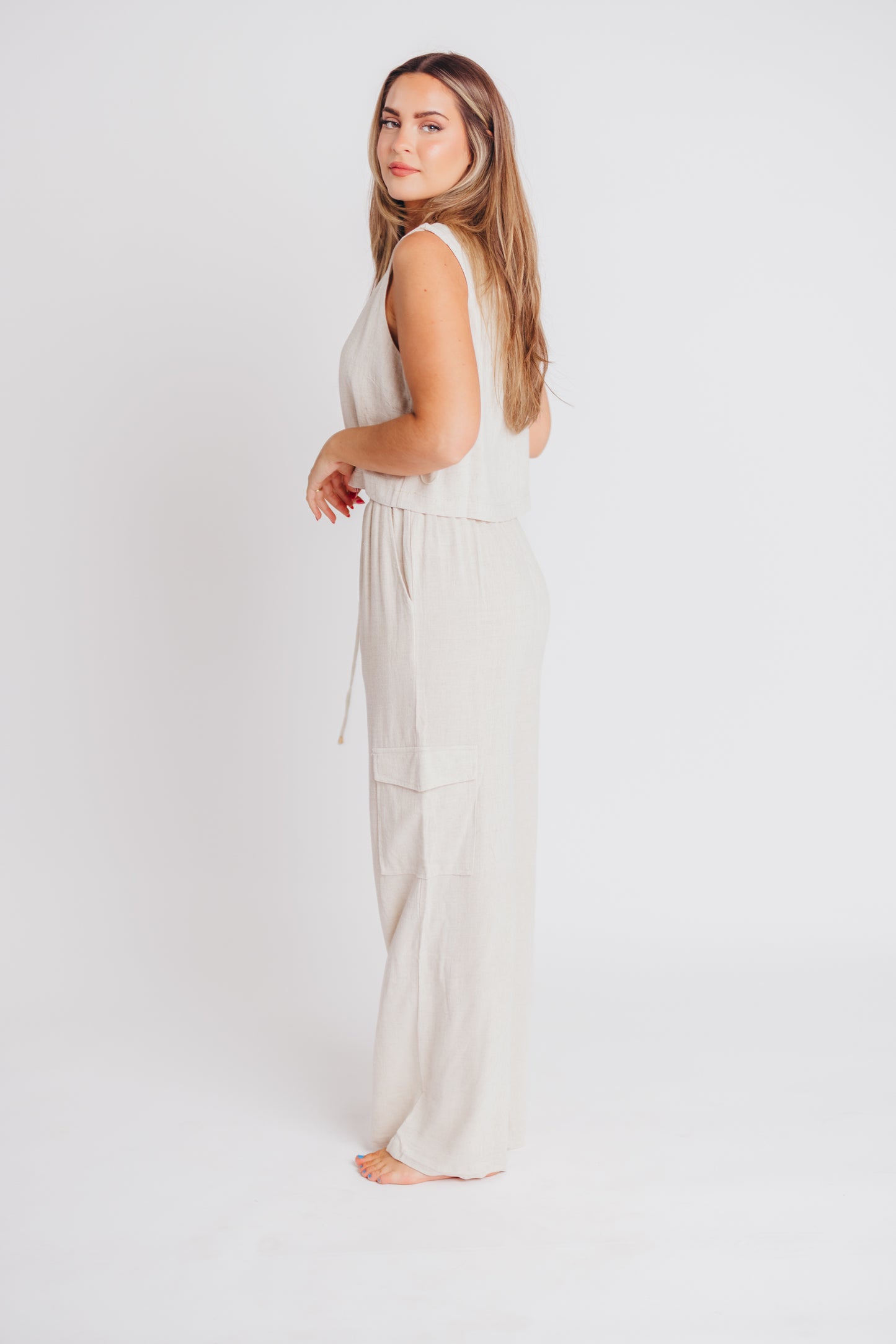 Flynn Linen Blend Wide Leg Cargo Pant in Natural