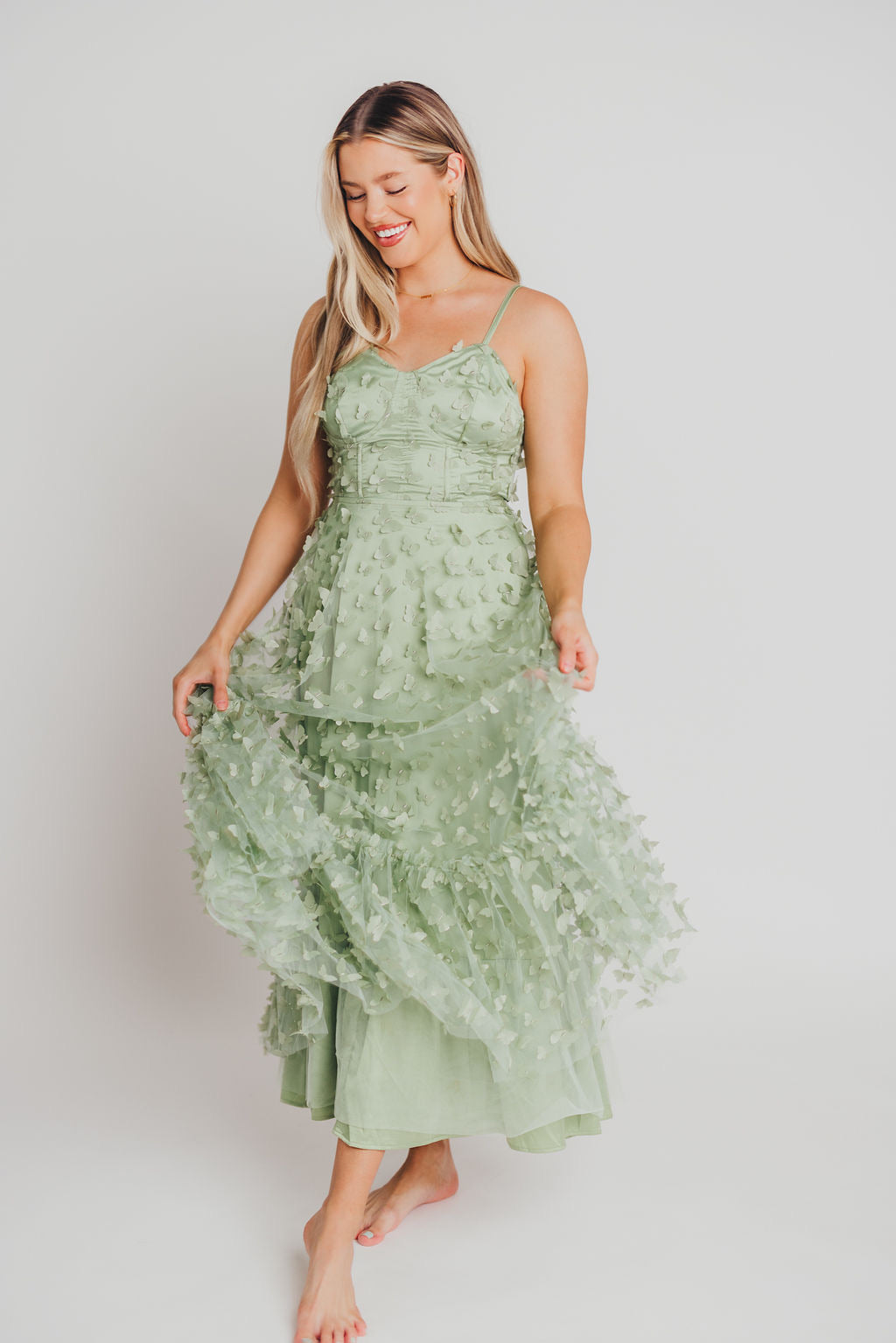 Reagan Butterfly Bustier Midi Dress in Sage