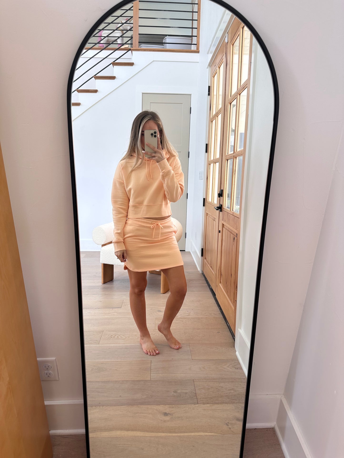 Jace Quilted Cropped Hoodie & Skirt Set in Peach