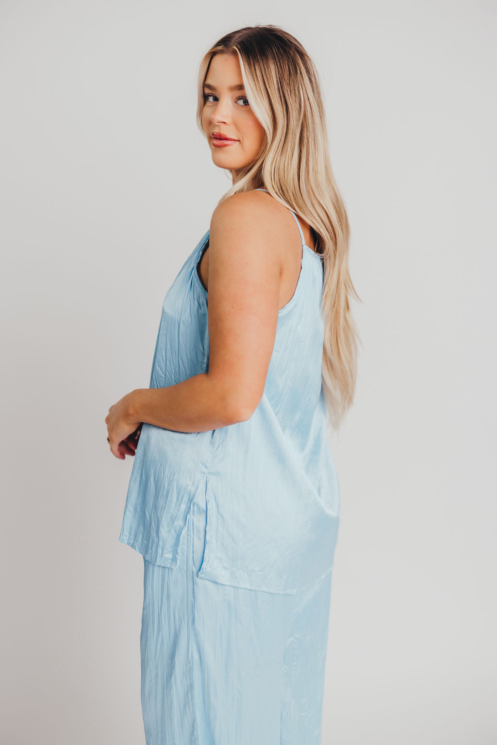 Fraser Pleated Satin Tank in Light Blue