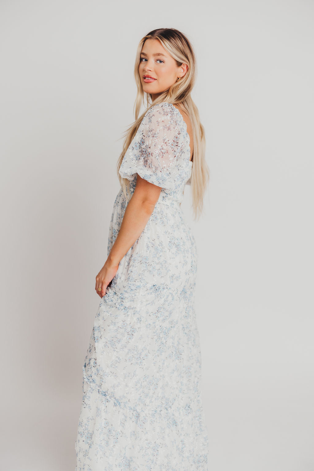 Daphne High Slit Eyelet Detail Maxi Dress in Blue and White Floral - Bump Friendly ✨SALE DRESS OF THE WEEK $20 OFF✨ Inclusive Sizing (S-3XL)