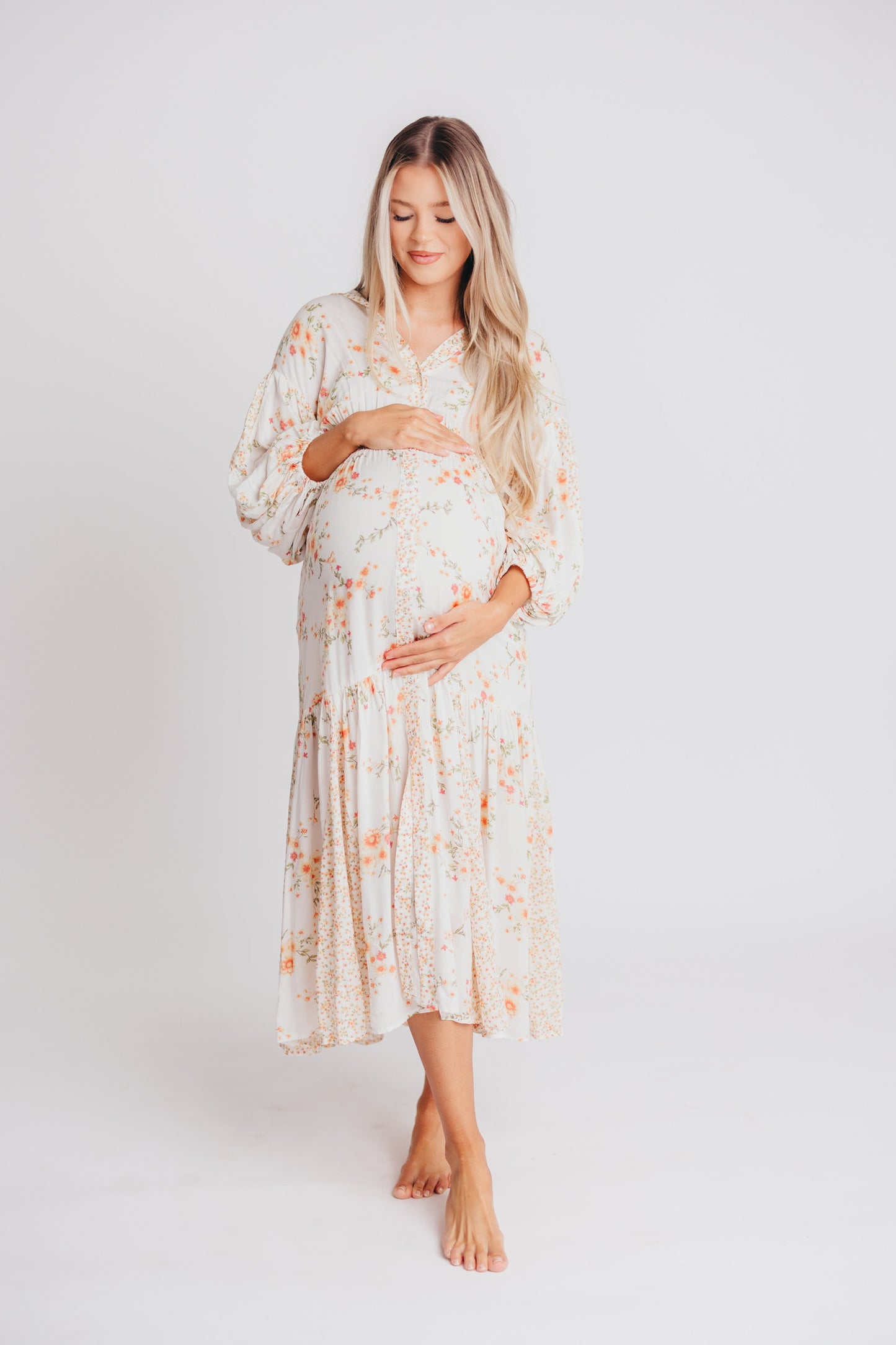 Madeline Button-Up Maxi Dress in Natural/Peach - Bump and Nursing Friendly