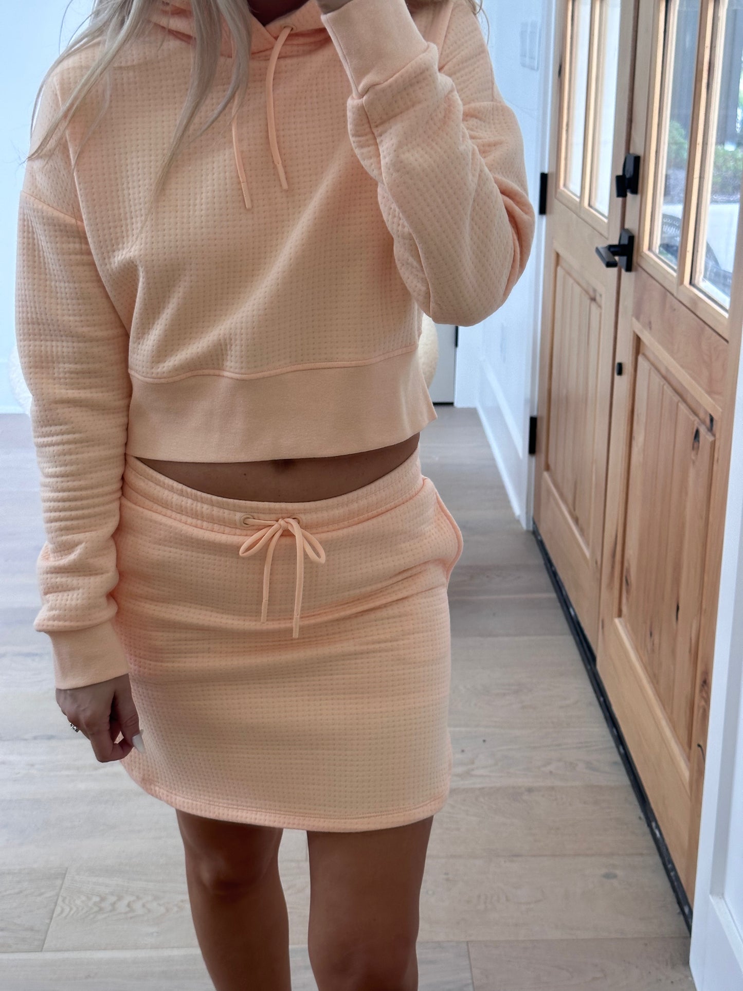 Jace Quilted Cropped Hoodie & Skirt Set in Peach