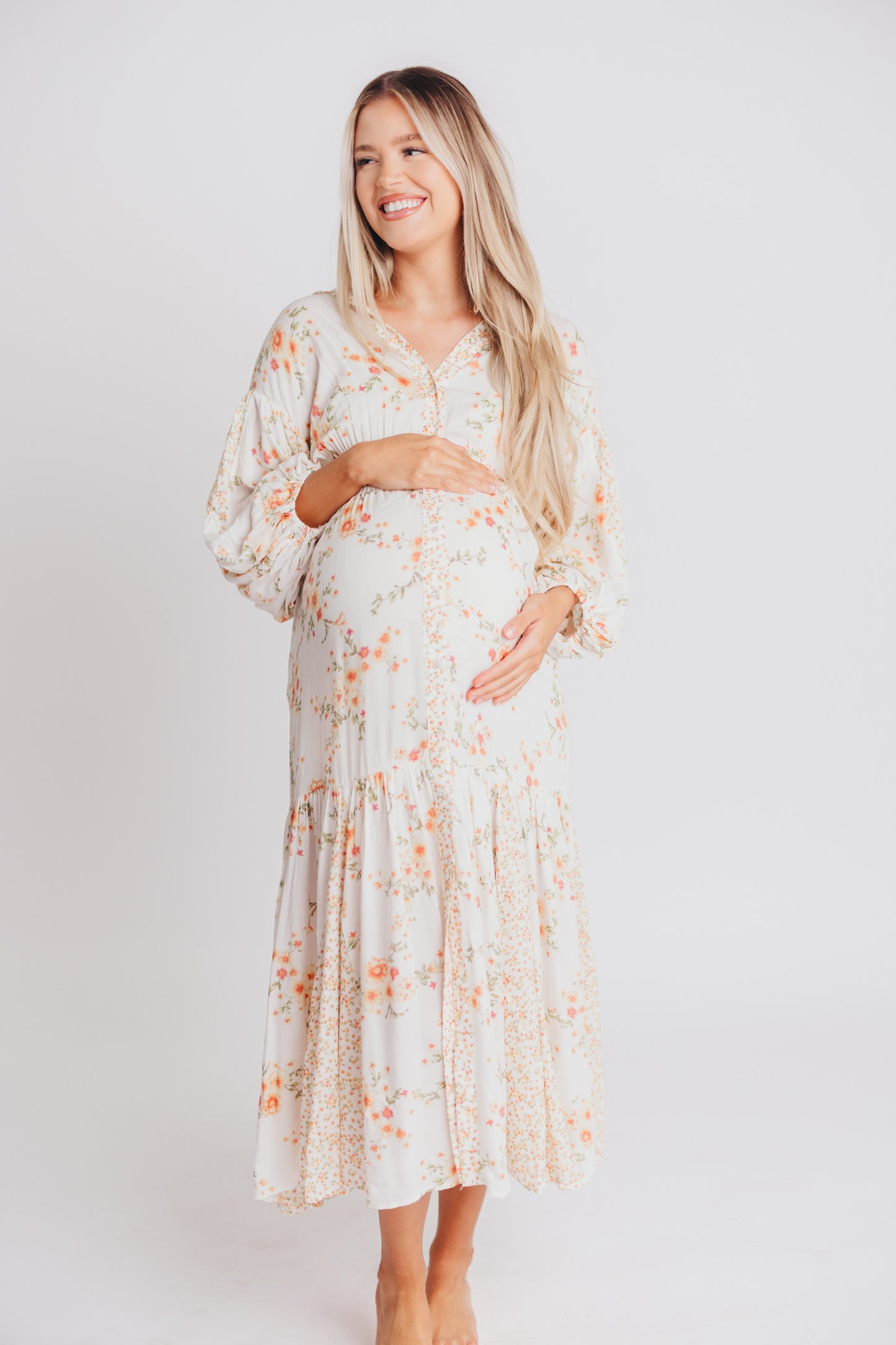 Madeline Button-Up Maxi Dress in Natural/Peach - Bump and Nursing Friendly