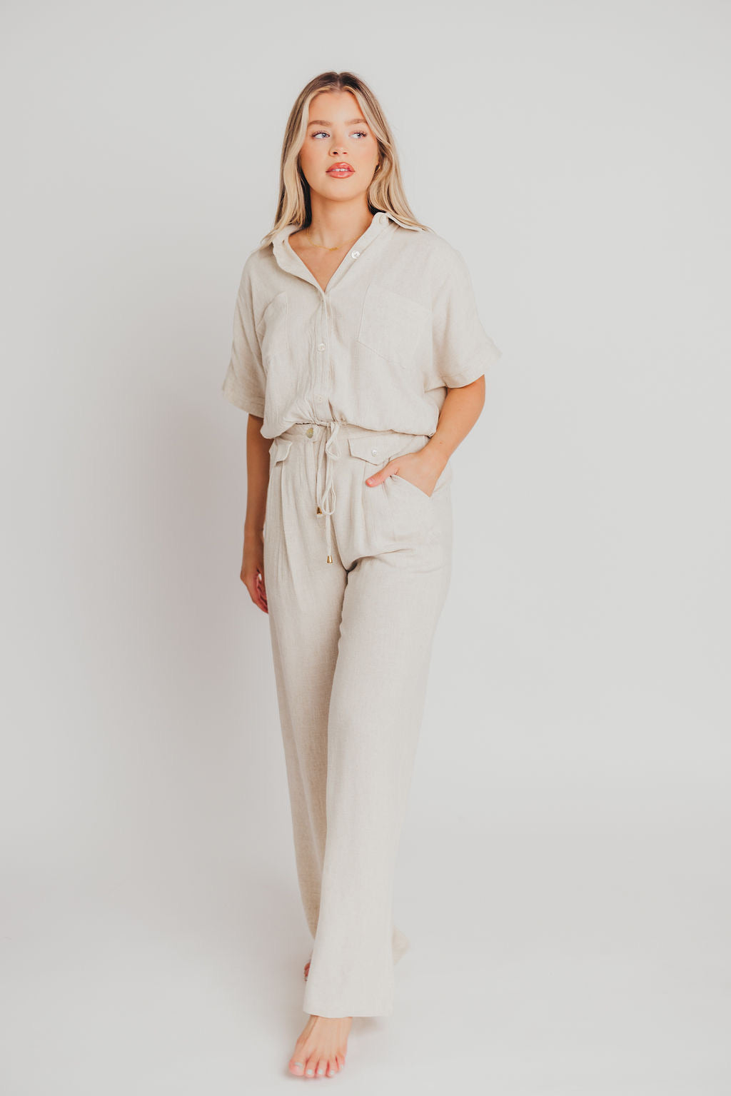 Erin Linen Blend Pleated Trousers in Natural
