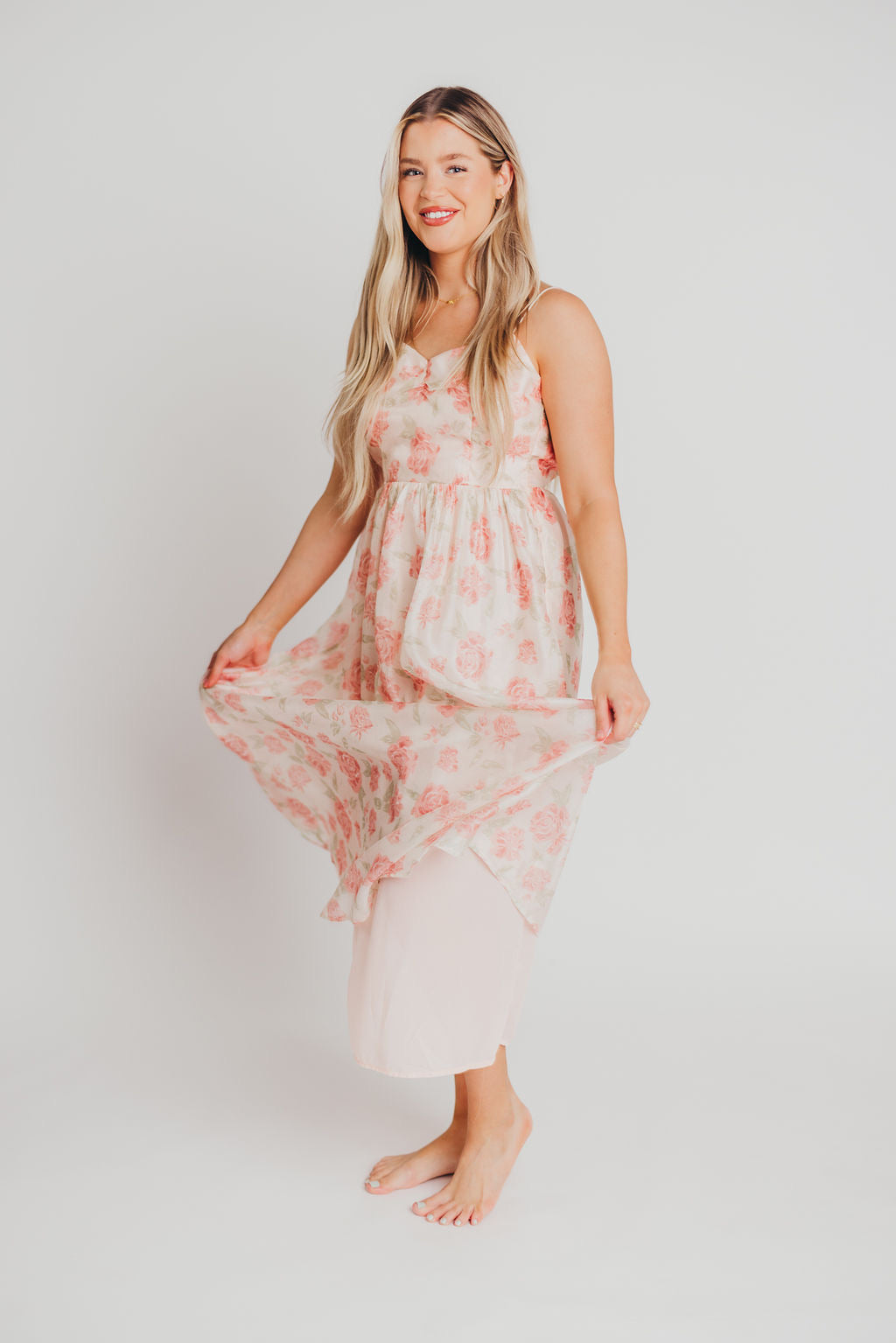 Galena Open Back Midi Dress in Pink Floral - Bump Friendly