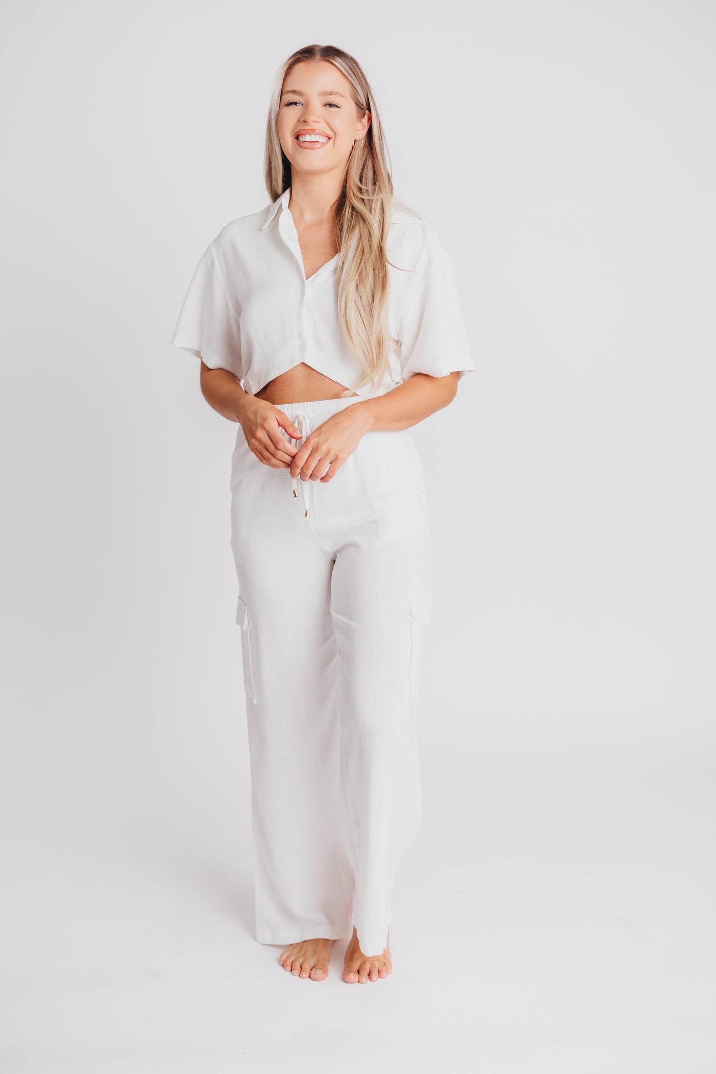 Flynn Linen Blend Wide Leg Cargo Pant in Off-White