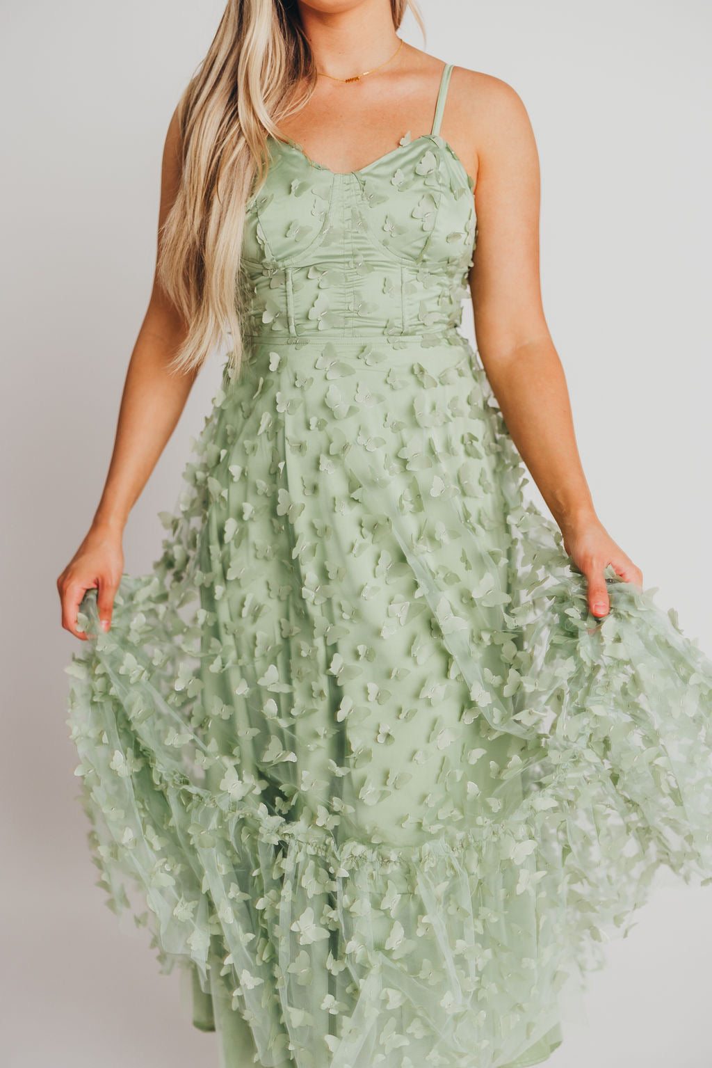 Reagan Butterfly Bustier Midi Dress in Sage