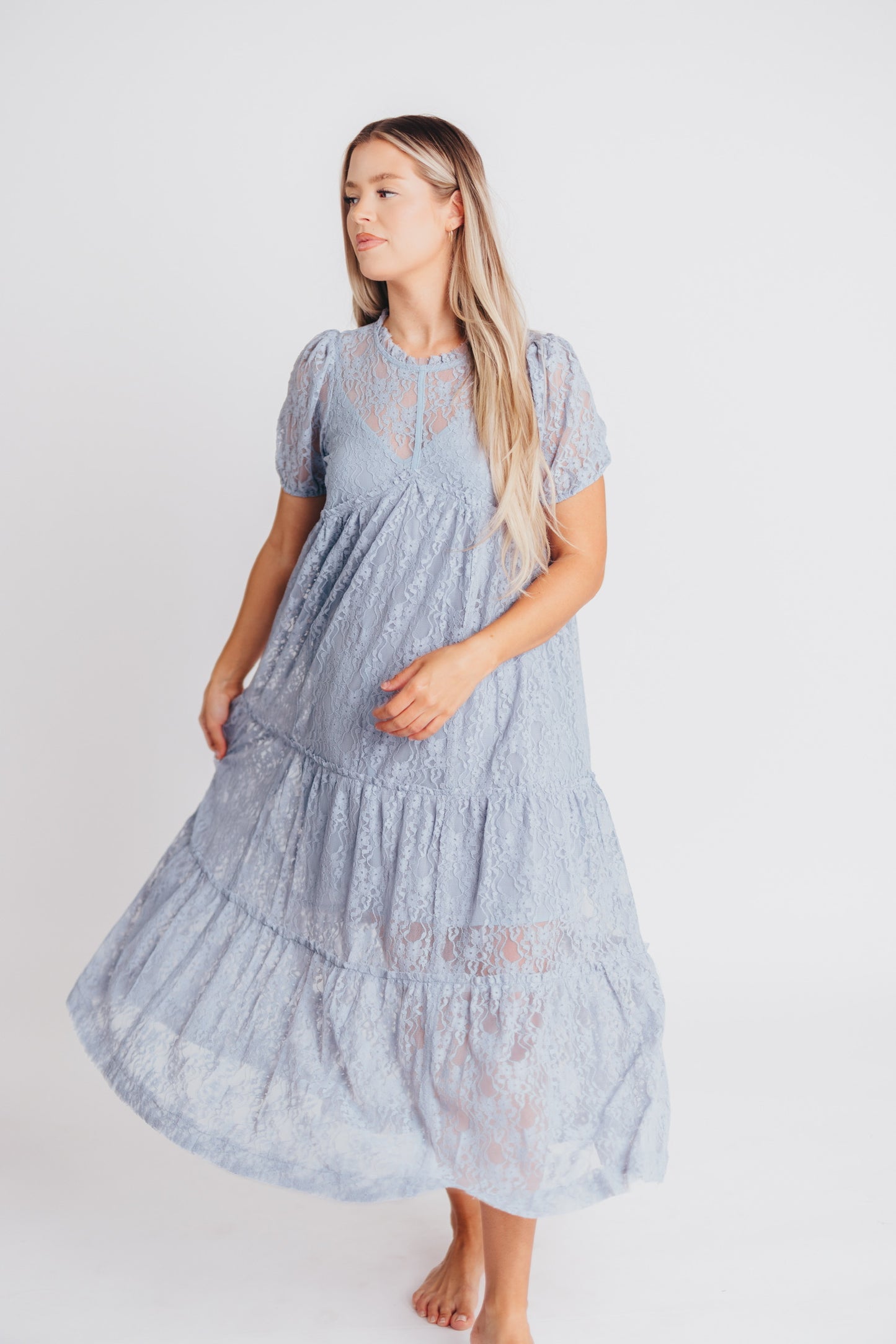 Sawyer Lace Midi Dress in Dusty Blue - Bump Friendly